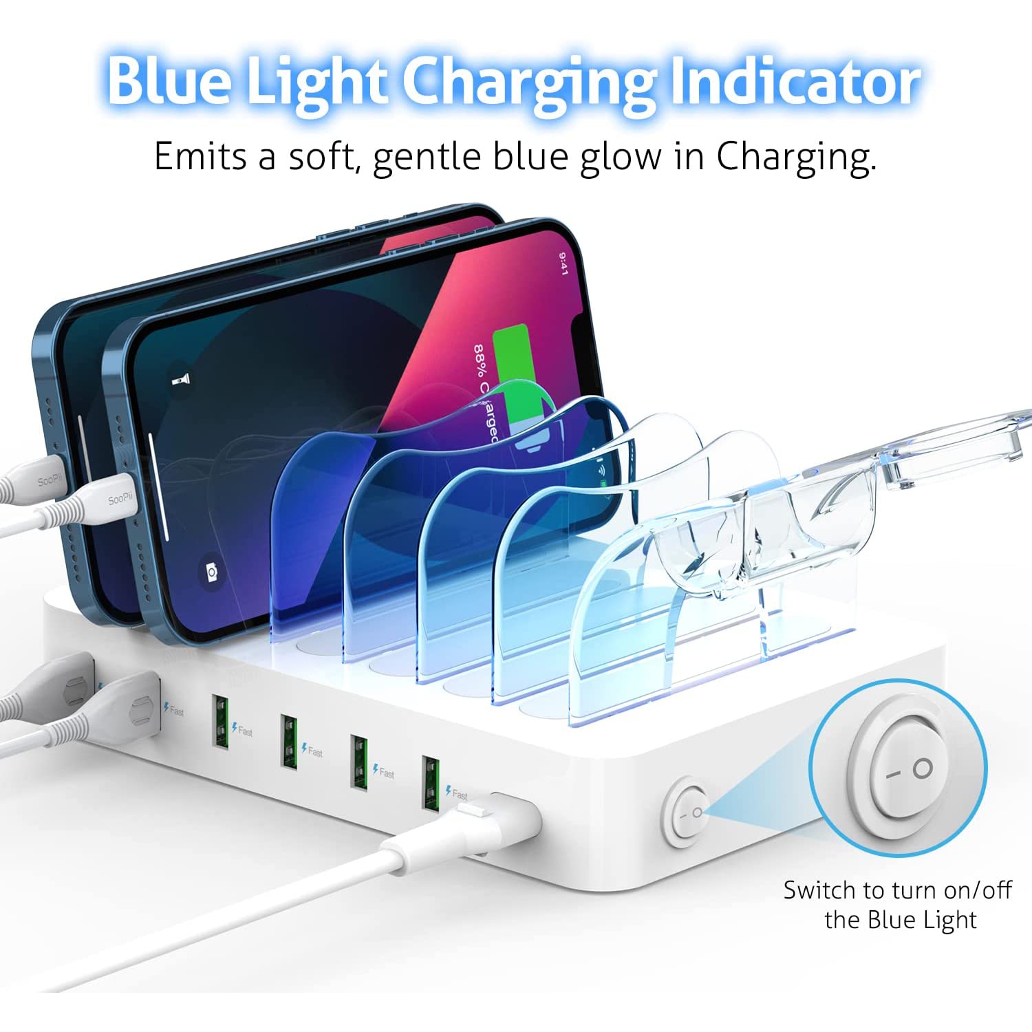 Station de recharge à 6 ports USB de qualité supérieure pour plusieurs appareils, 6 câbles de recharge courts et un support de chargeur de montre