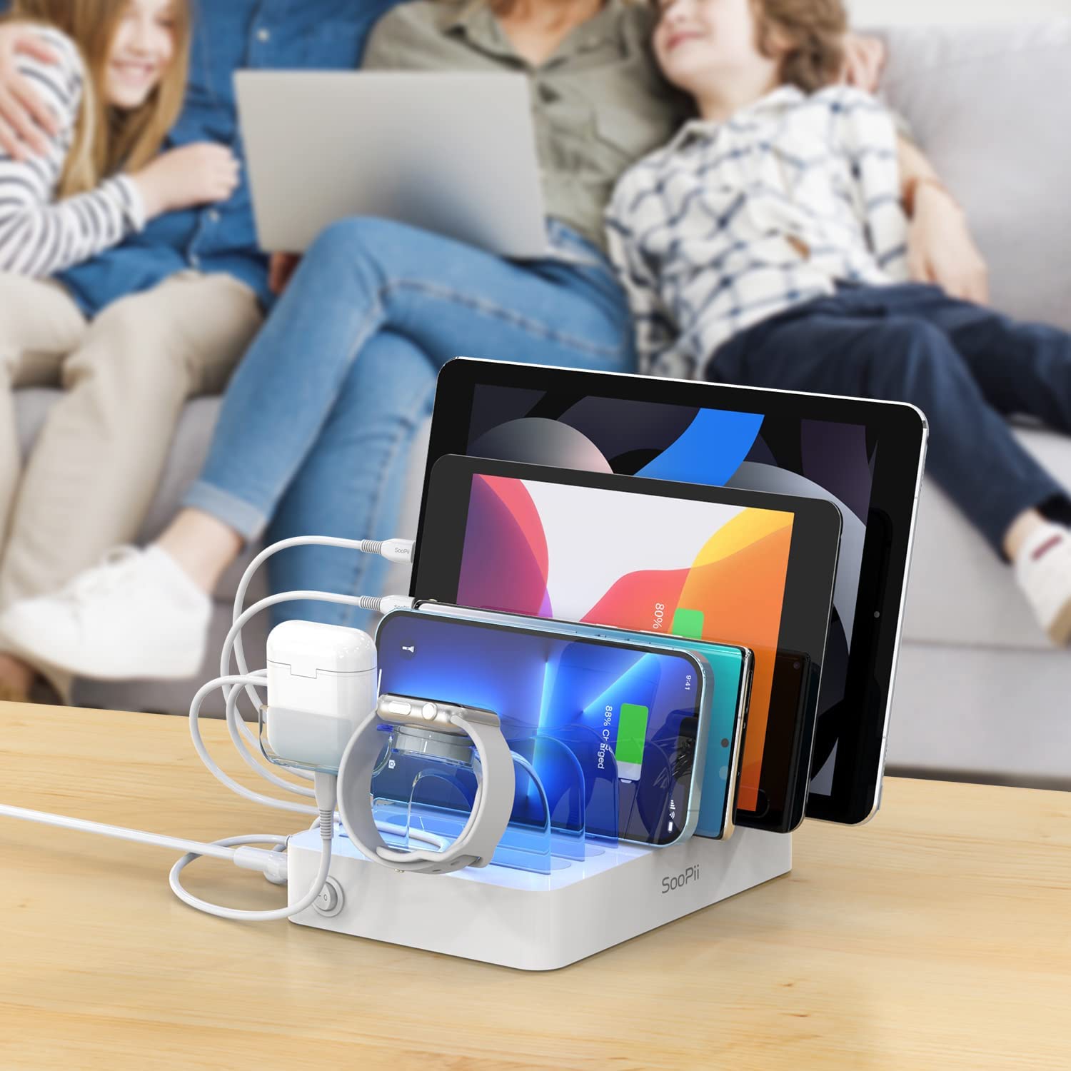 Station de recharge à 6 ports USB de qualité supérieure pour plusieurs appareils, 6 câbles de recharge courts et un support de chargeur de montre