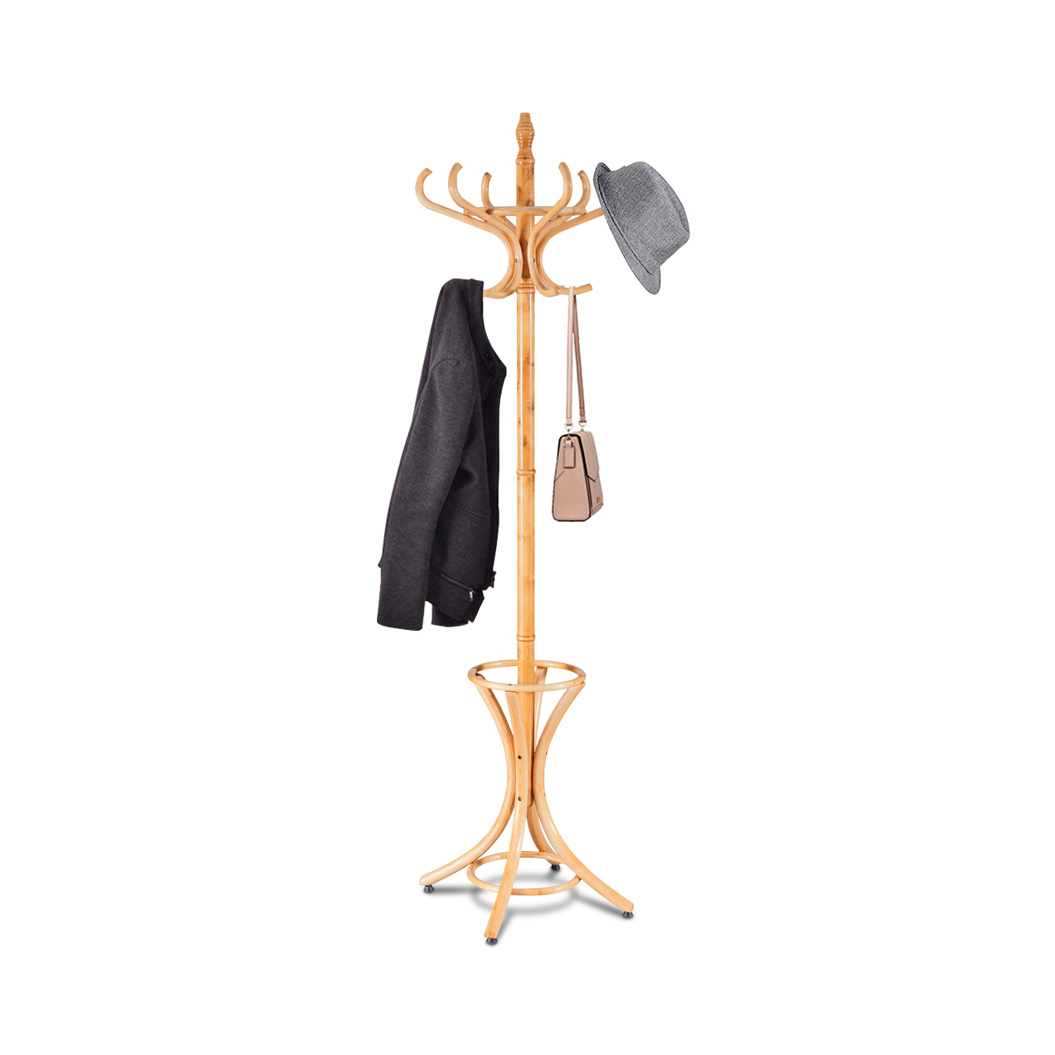 Gymax Wood Standing Hat Coat Rack Jacket Bag Hanger Tree 12 Hooks w/ Umbrella Stand