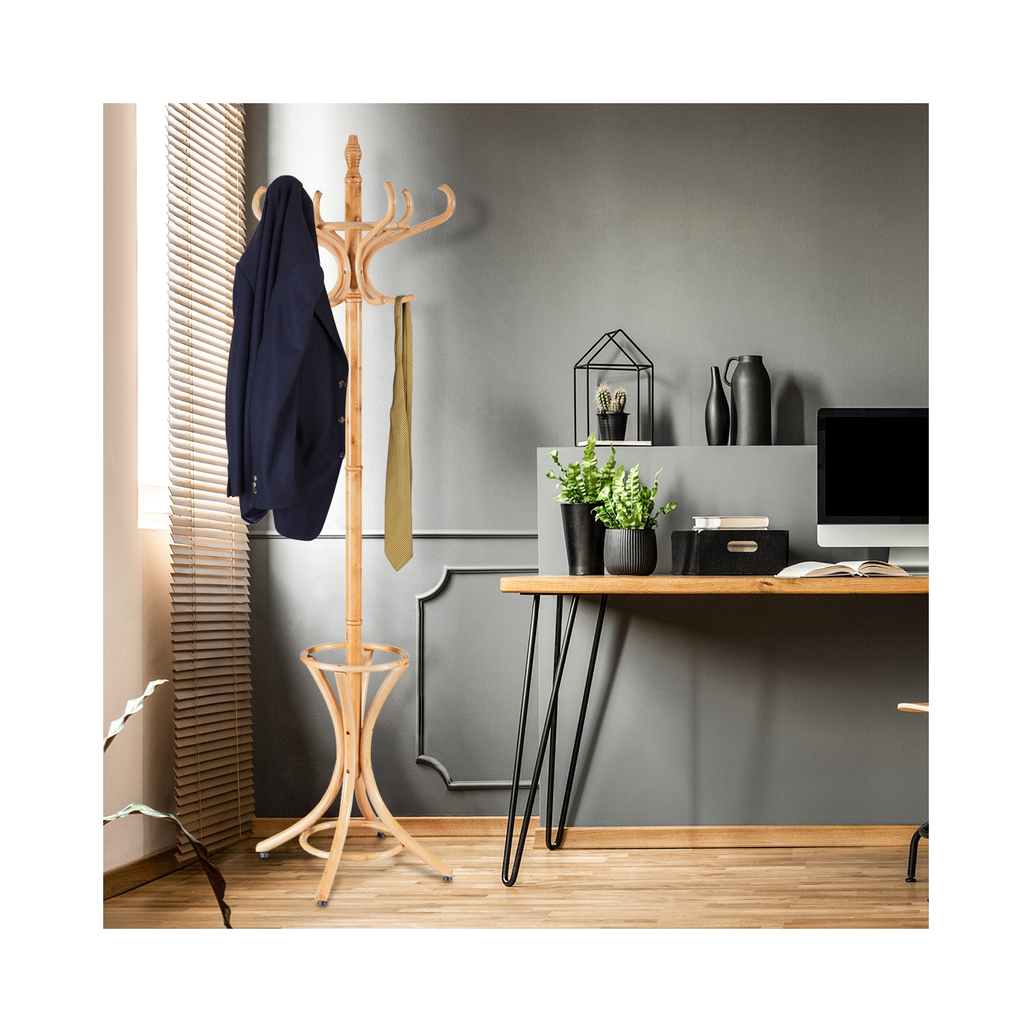 Gymax Wood Standing Hat Coat Rack Jacket Bag Hanger Tree 12 Hooks w/ Umbrella Stand