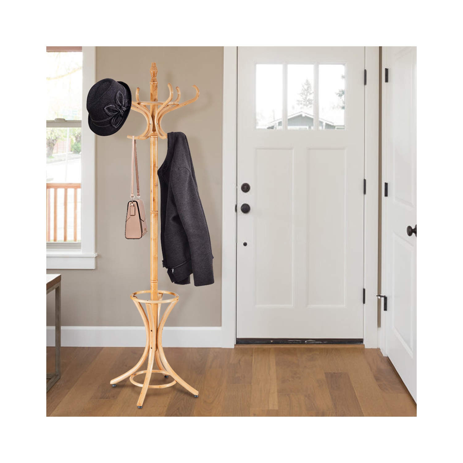 Gymax Wood Standing Hat Coat Rack Jacket Bag Hanger Tree 12 Hooks w/ Umbrella Stand