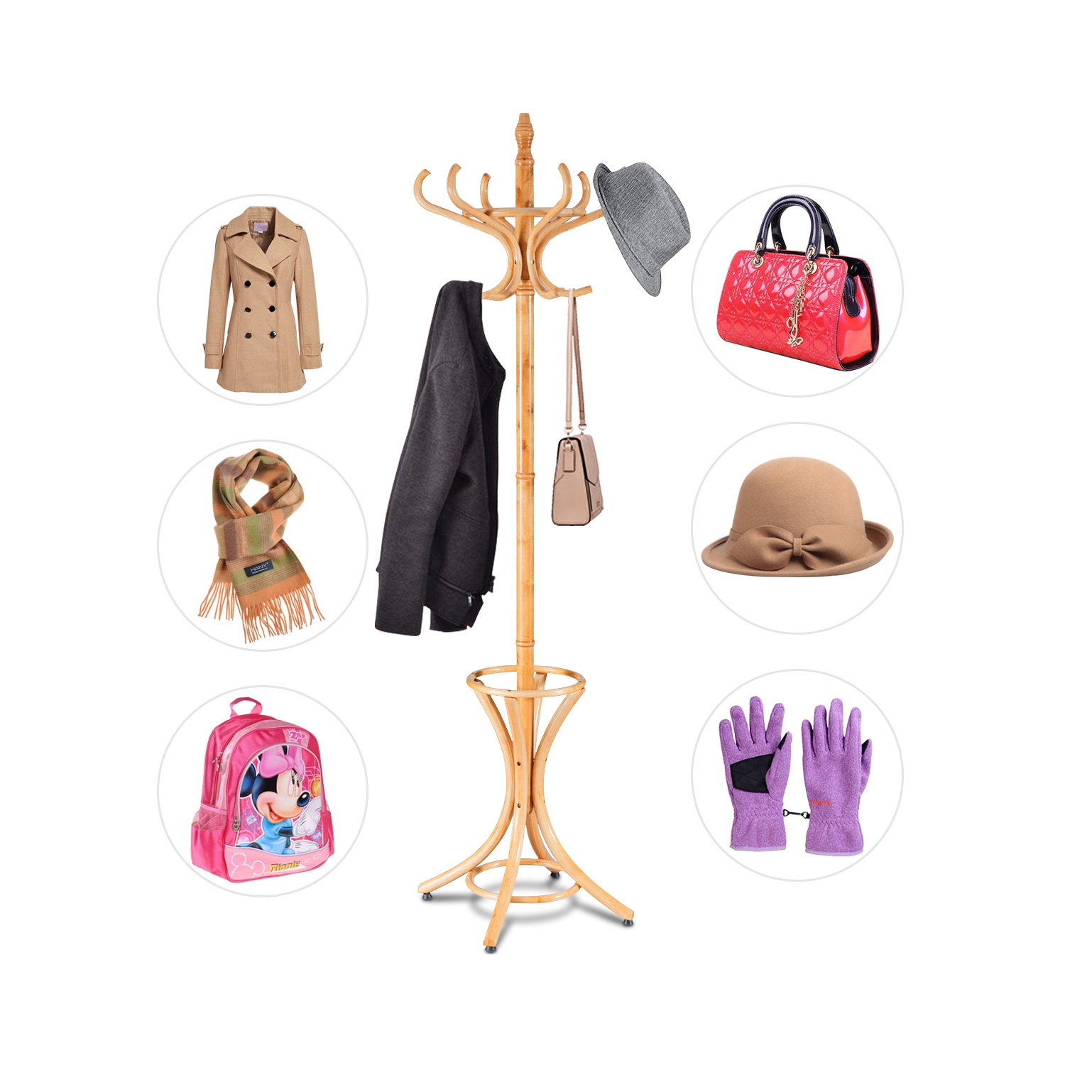 Gymax Wood Standing Hat Coat Rack Jacket Bag Hanger Tree 12 Hooks w/ Umbrella Stand