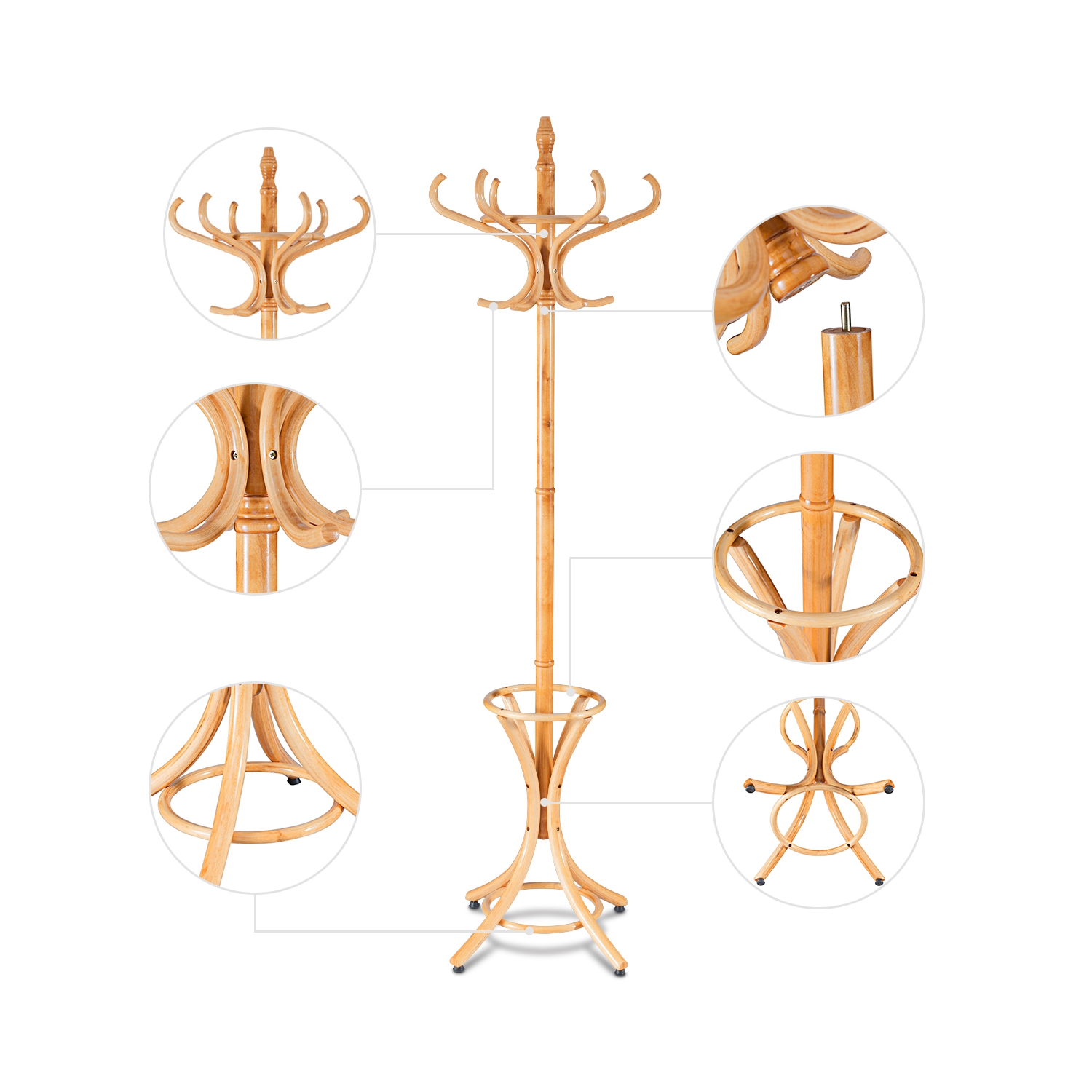 Gymax Wood Standing Hat Coat Rack Jacket Bag Hanger Tree 12 Hooks w/ Umbrella Stand