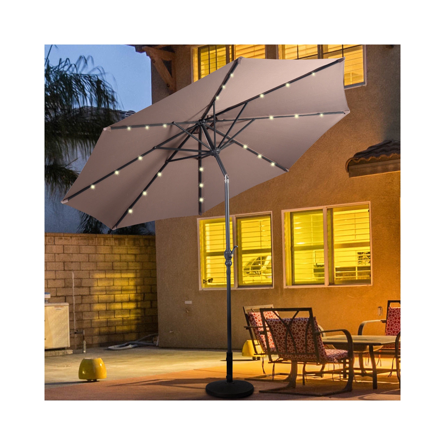 10ft Patio Solar Umbrella LED Patio Market Steel Tilt w/ Crank Outdoor