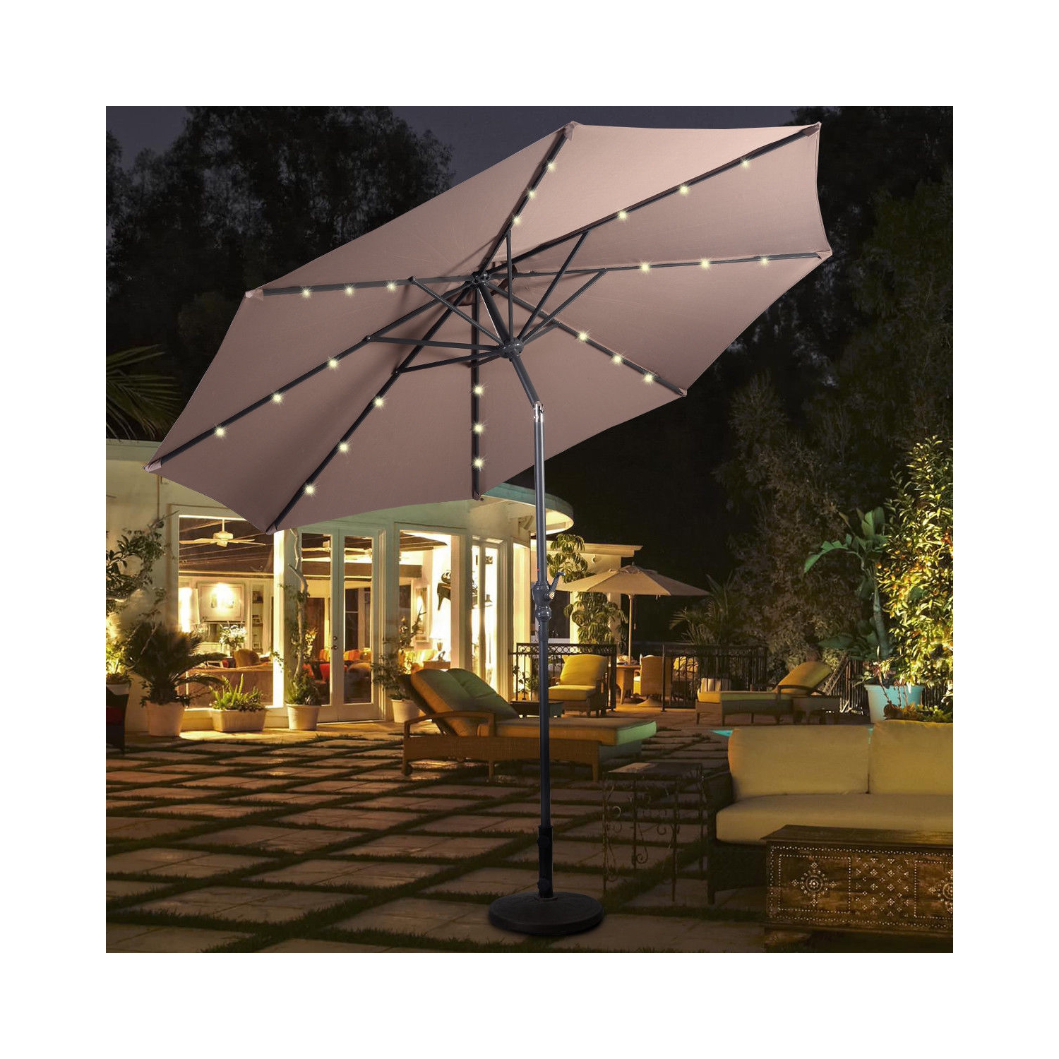 10ft Patio Solar Umbrella LED Patio Market Steel Tilt w/ Crank Outdoor