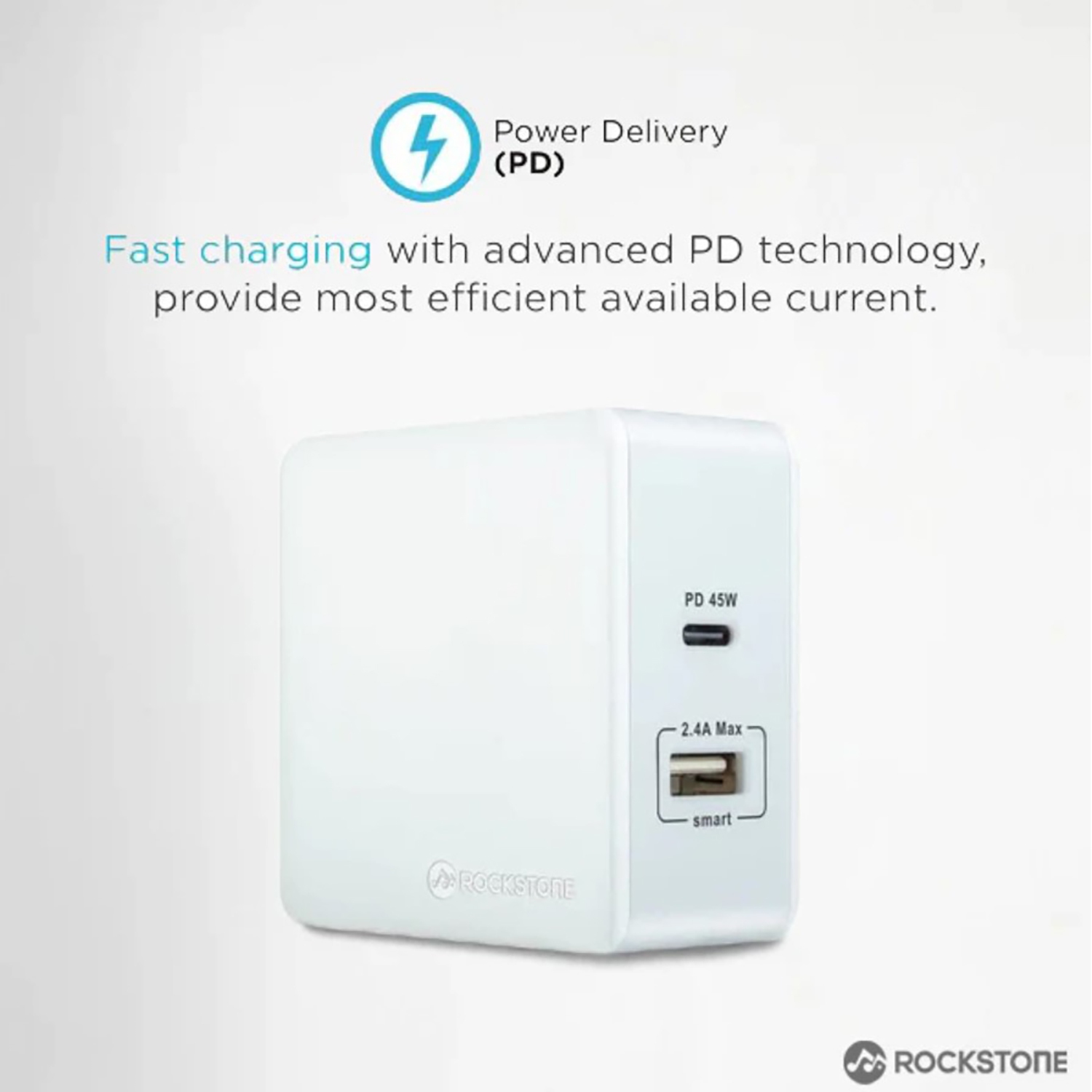 Rockstone PD45 Power Delivery Wall Charger with 2.4A USB port