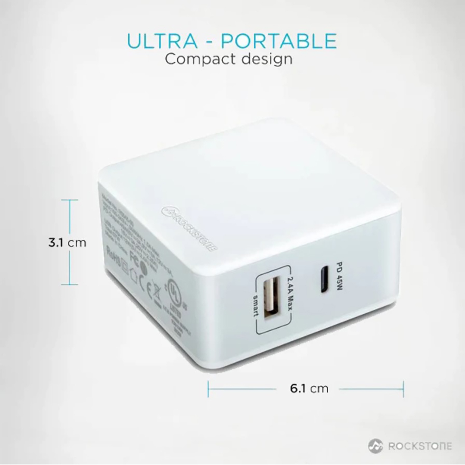 Rockstone PD45 Power Delivery Wall Charger with 2.4A USB port
