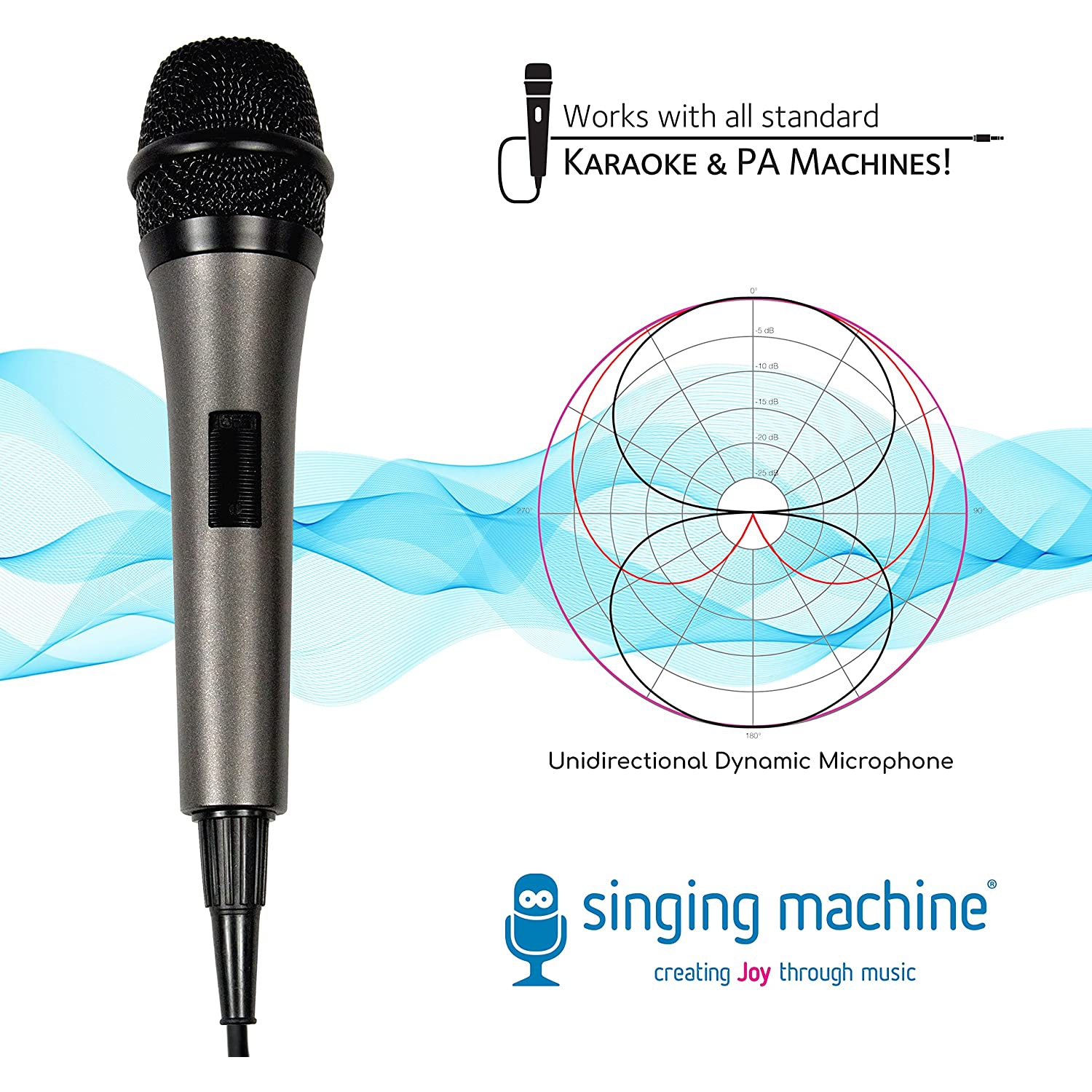 Microphone de karaoké dynamique SMM-205 de Singing machine avec cordon de 10,5 pi