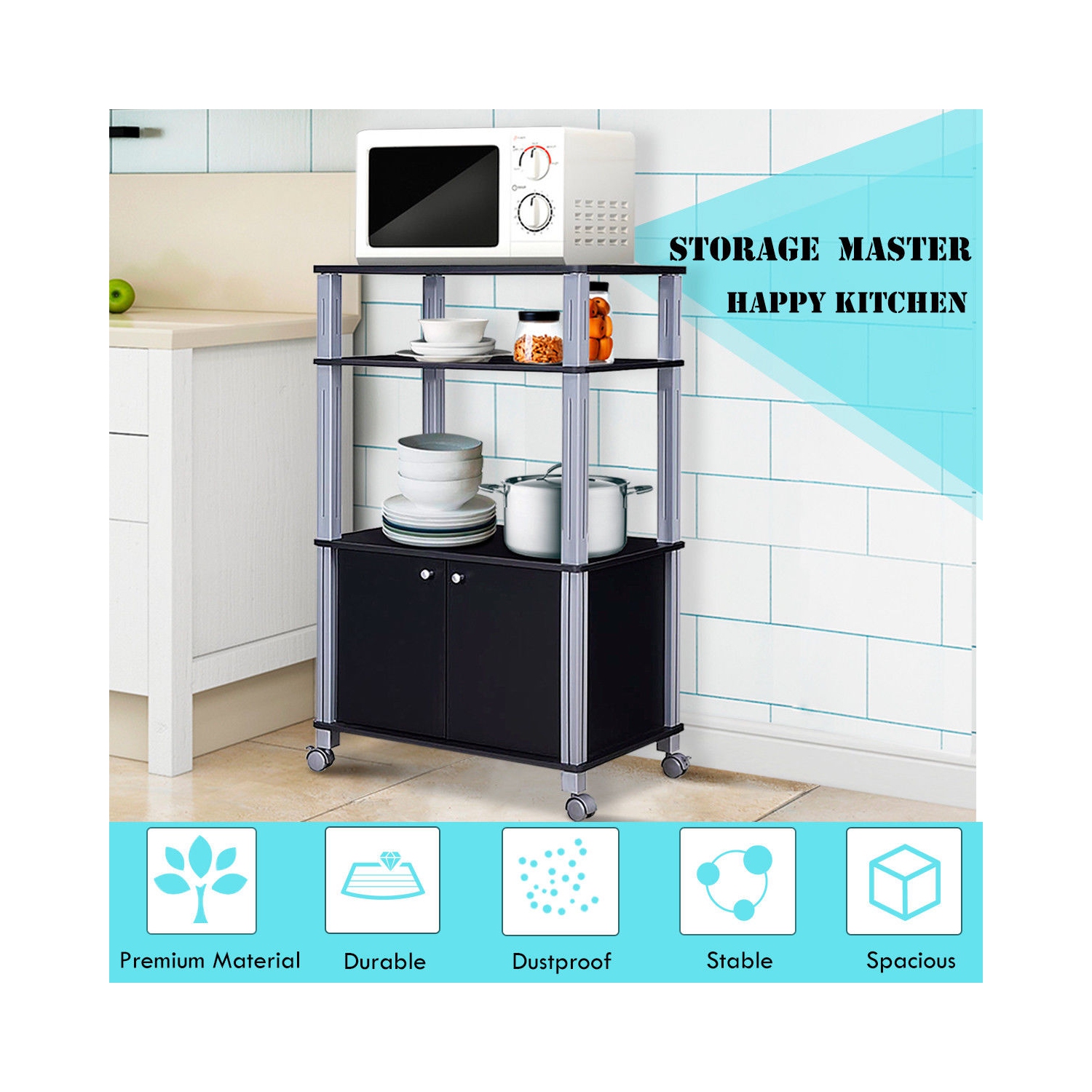 Gymax Bakers Rack Microwave Stand Rolling Storage Cart Multi-functional Display Black