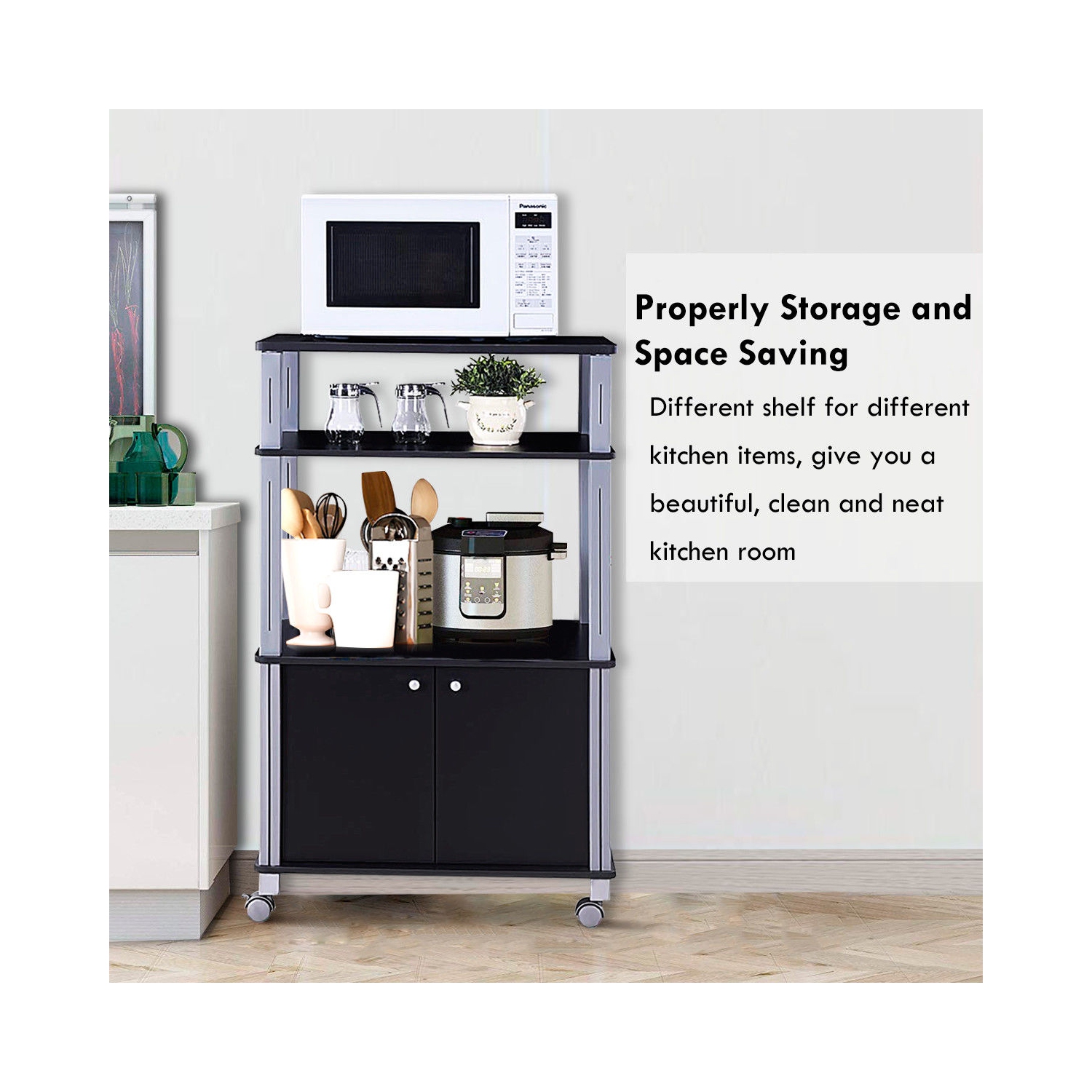 Gymax Bakers Rack Microwave Stand Rolling Storage Cart Multi-functional Display Black