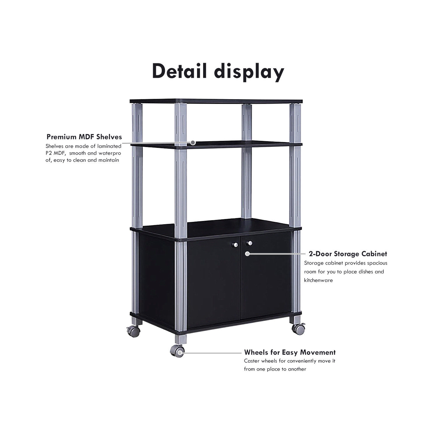 Gymax Bakers Rack Microwave Stand Rolling Storage Cart Multi-functional Display Black