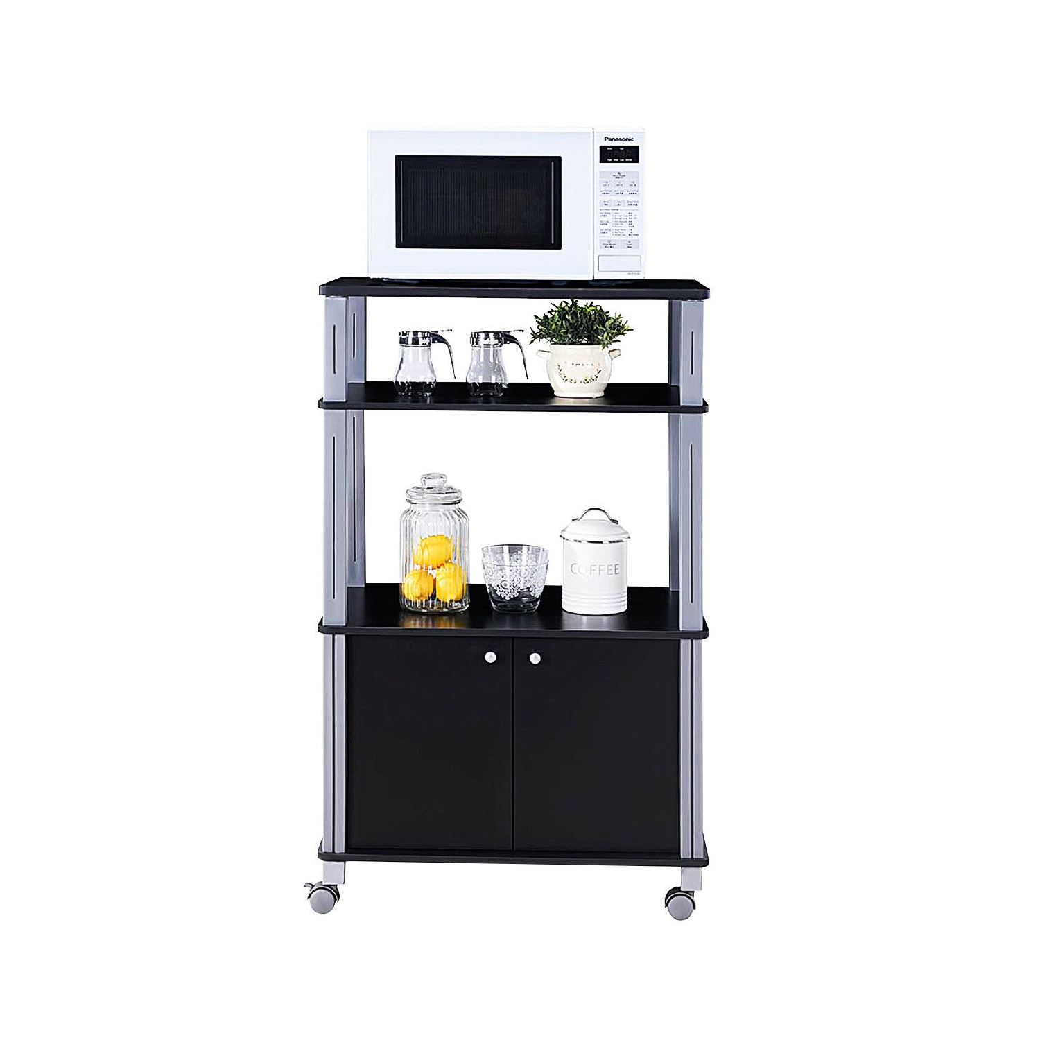 Gymax Bakers Rack Microwave Stand Rolling Storage Cart Multi-functional Display Black