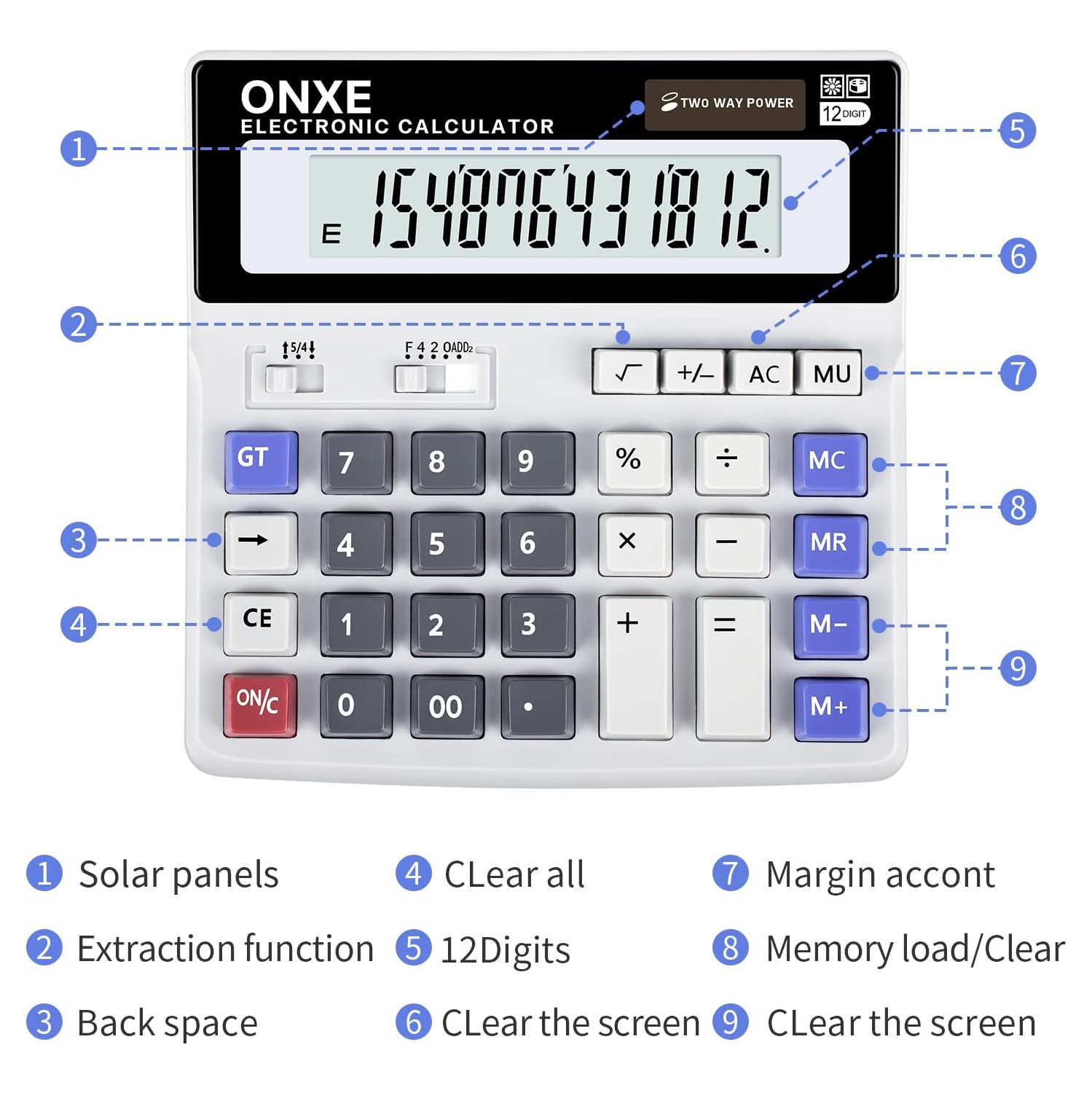 Function Scientific Electronics – calculatrices de bureau, solaire et batterie double alimentation, grand écran ACL à 12 chiffres et grand bouton