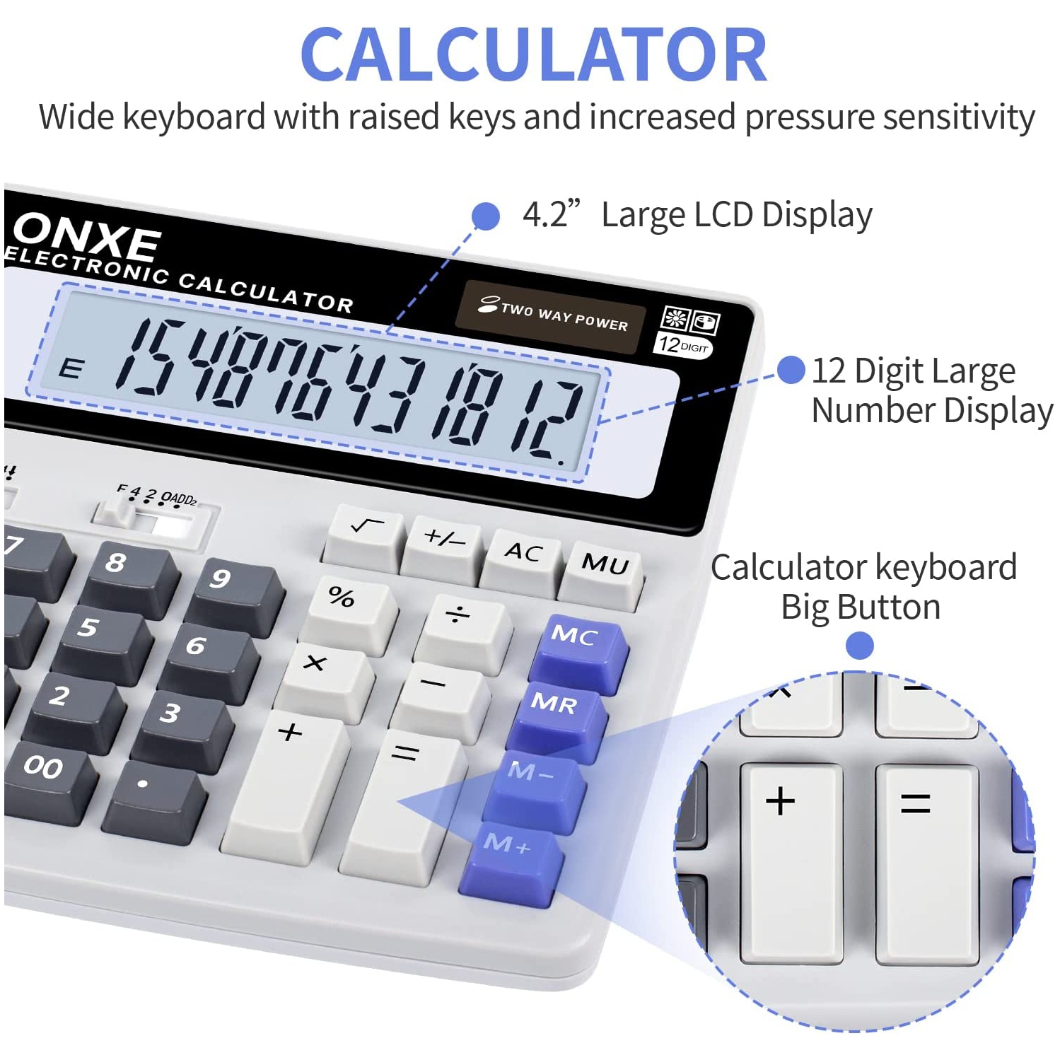 Function Scientific Electronics – calculatrices de bureau, solaire et batterie double alimentation, grand écran ACL à 12 chiffres et grand bouton