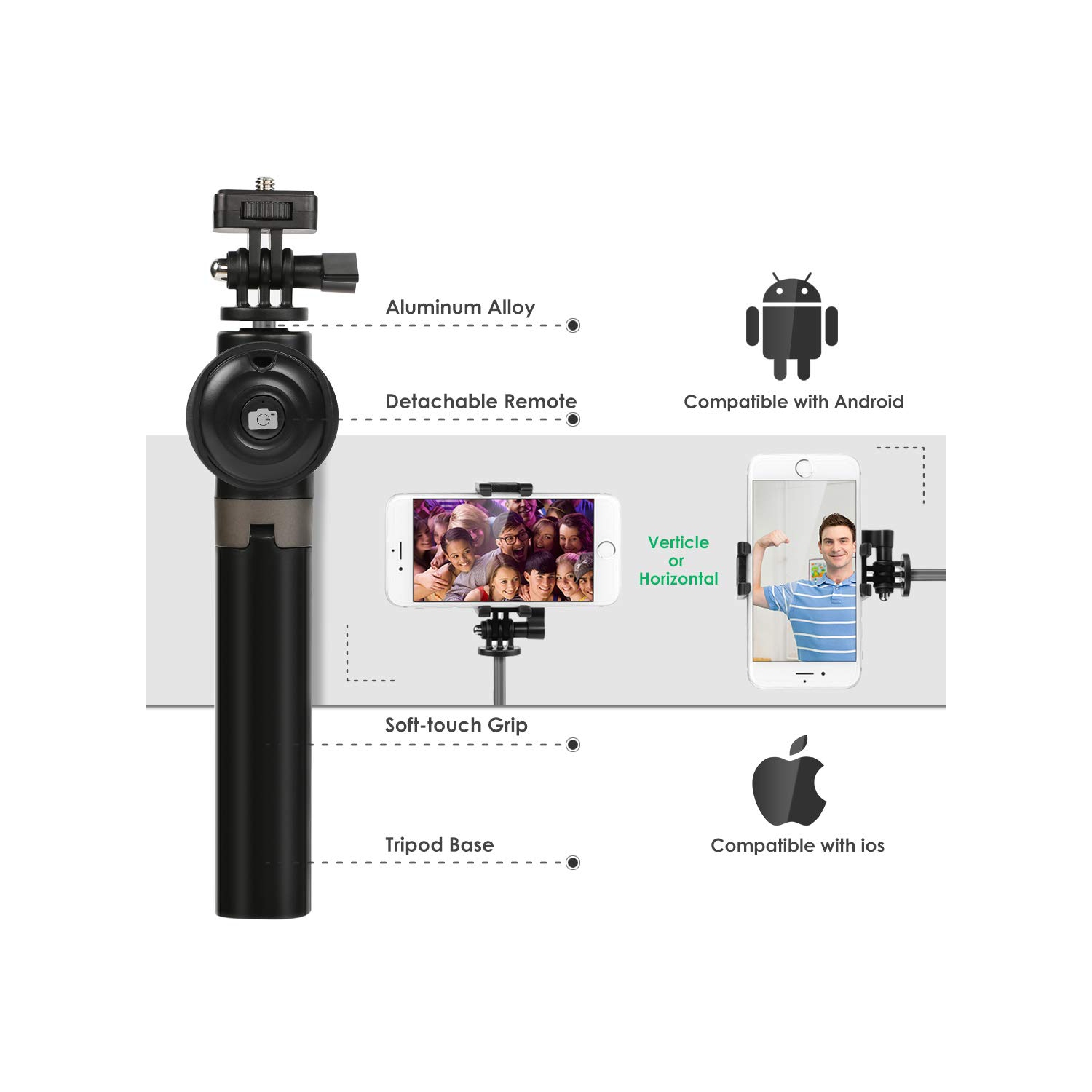 Selfie Stick Tripod, Bluetooth Selfie Stick with Tripod Stand and Detachable Wireless Remote, Extendable Monopod