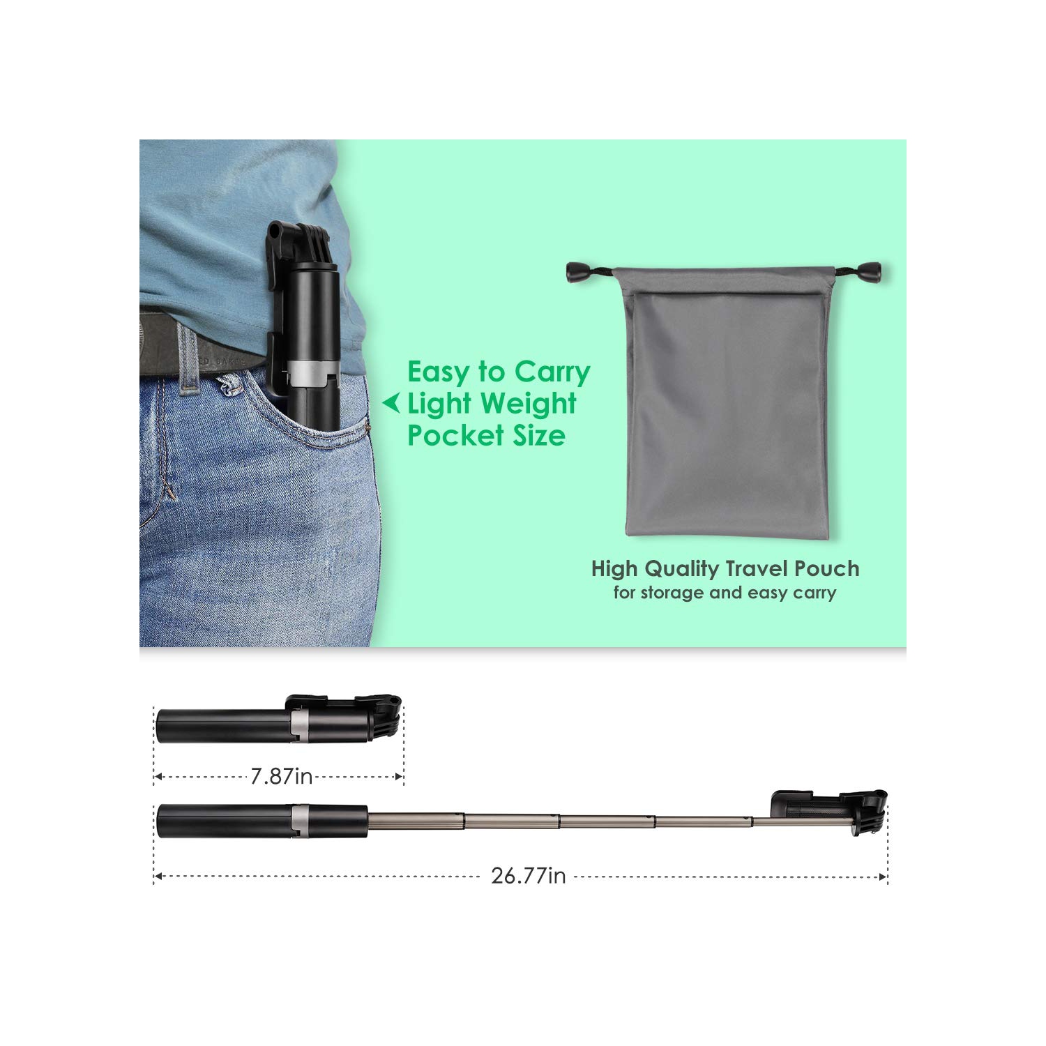 Selfie Stick Tripod, Bluetooth Selfie Stick with Tripod Stand and Detachable Wireless Remote, Extendable Monopod