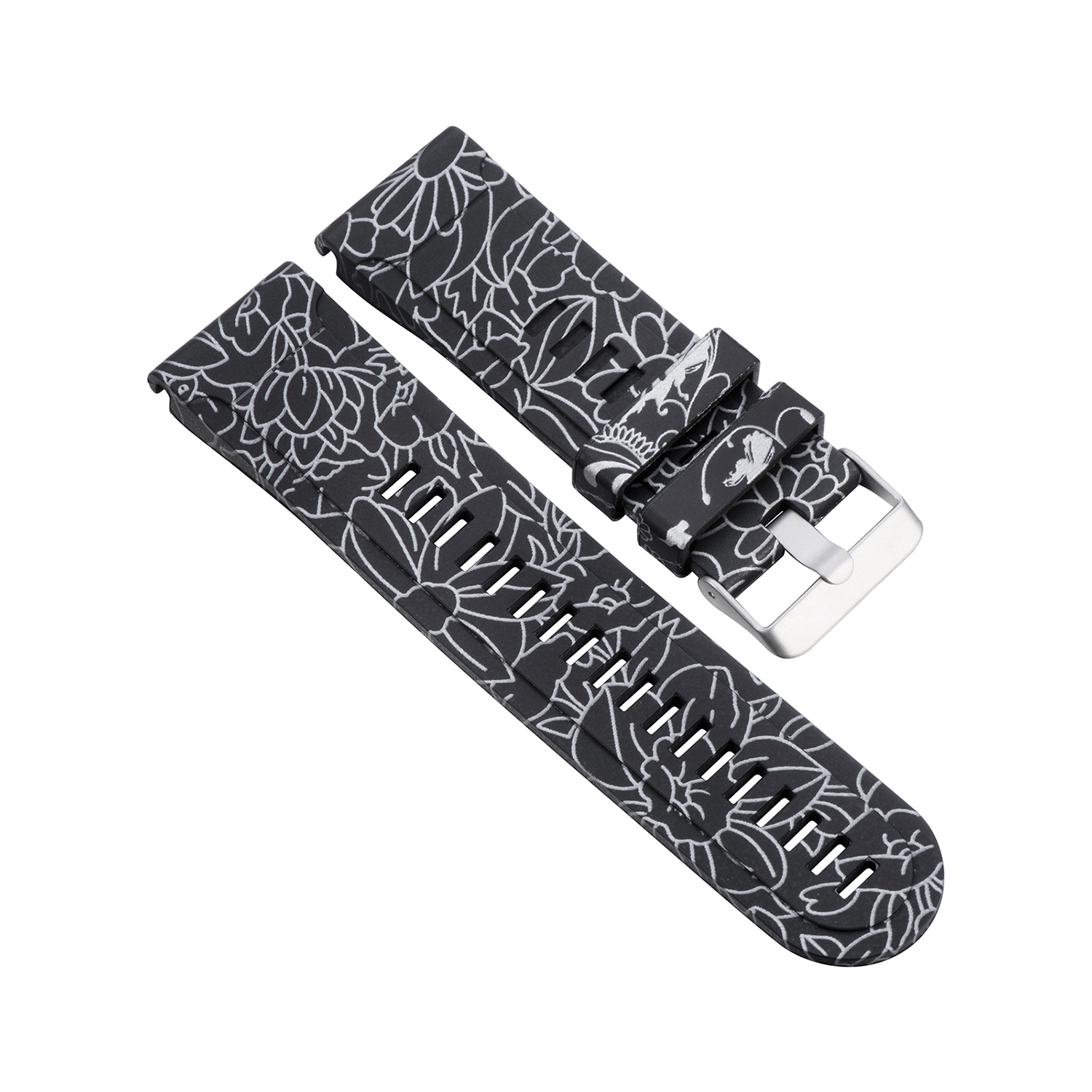StrapsCo QuickFit 22 Silicone Rubber Watch Band Strap for Garmin Fenix 5 & Forerunner 935 & Instinct - Chrome Flowers