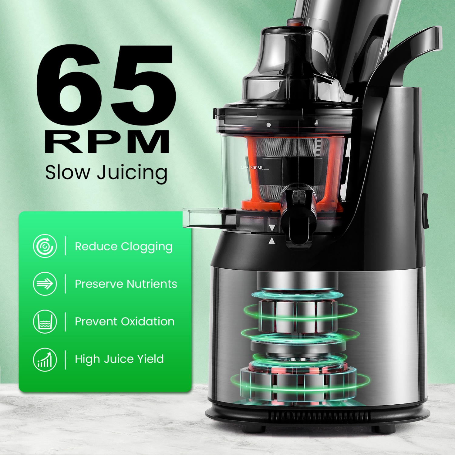 Extracteur de jus ventray à mastication lente, facile à nettoyer, sans bpa, légumes, fruits, jus, compact - noir