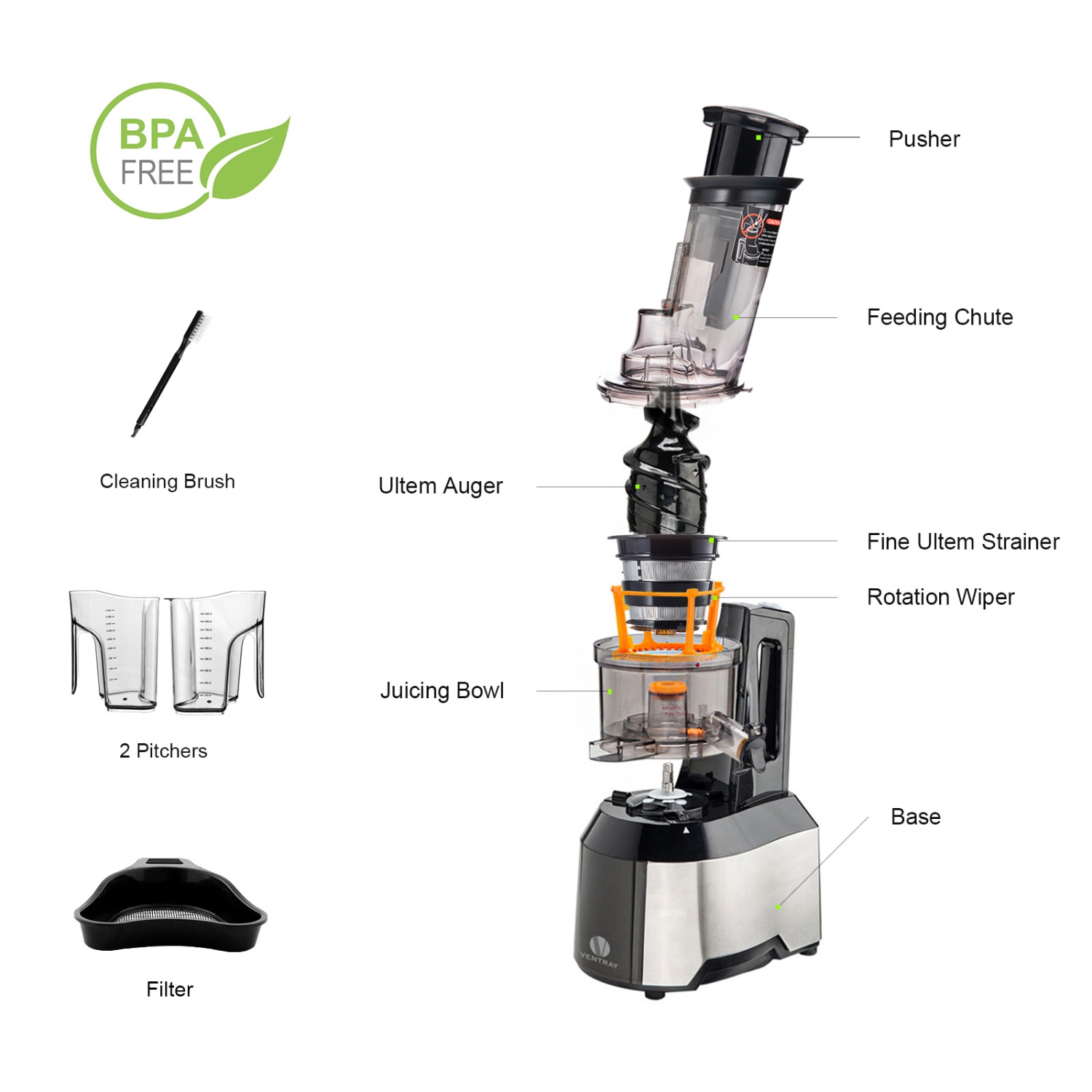 Ventray Big Mouth Masticating Juicer, Juice Extraction with Large Chute