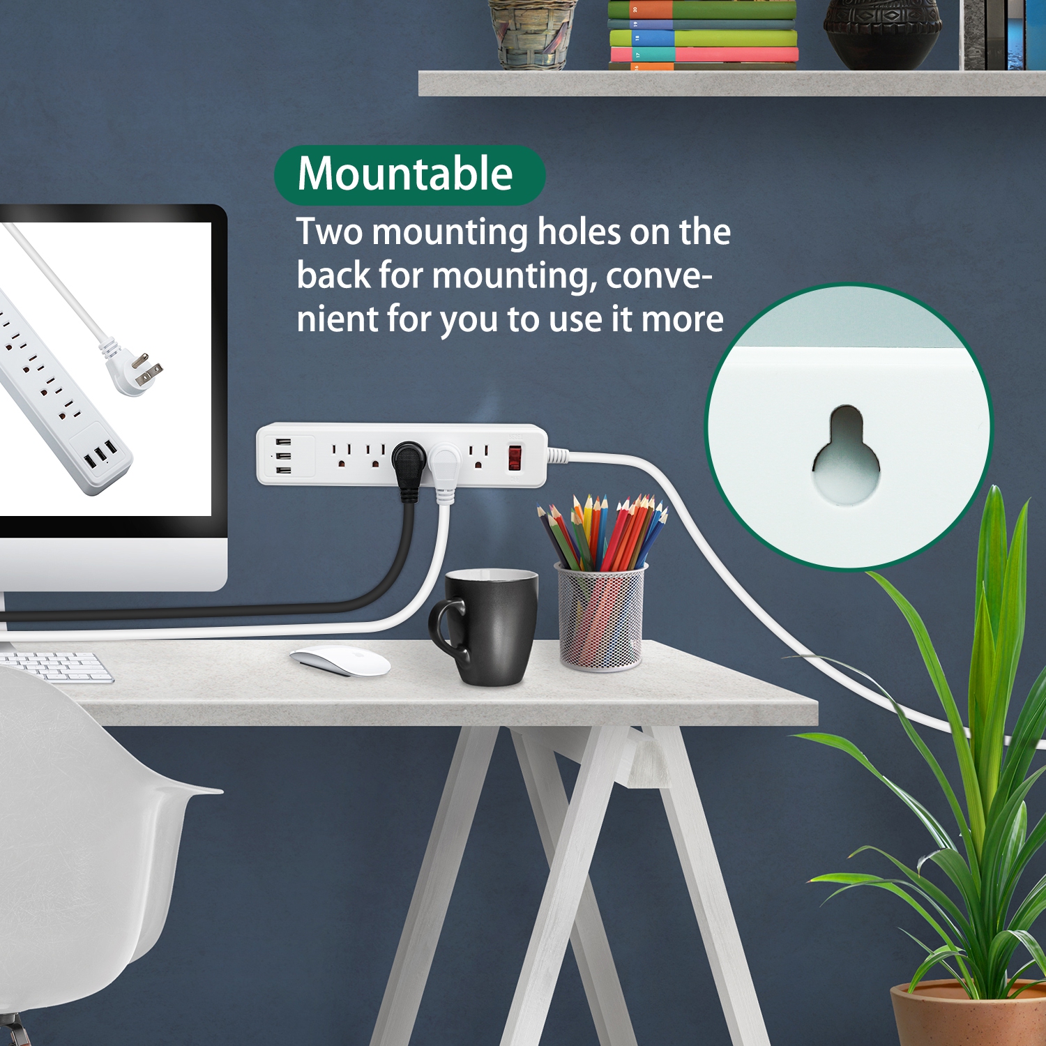 4.5ft Extension Cord Power Strip for Surge Protection, Power Bar with 5 Outlets, 3 USB Ports, Wall Mountable, Charging Station for Home & Office