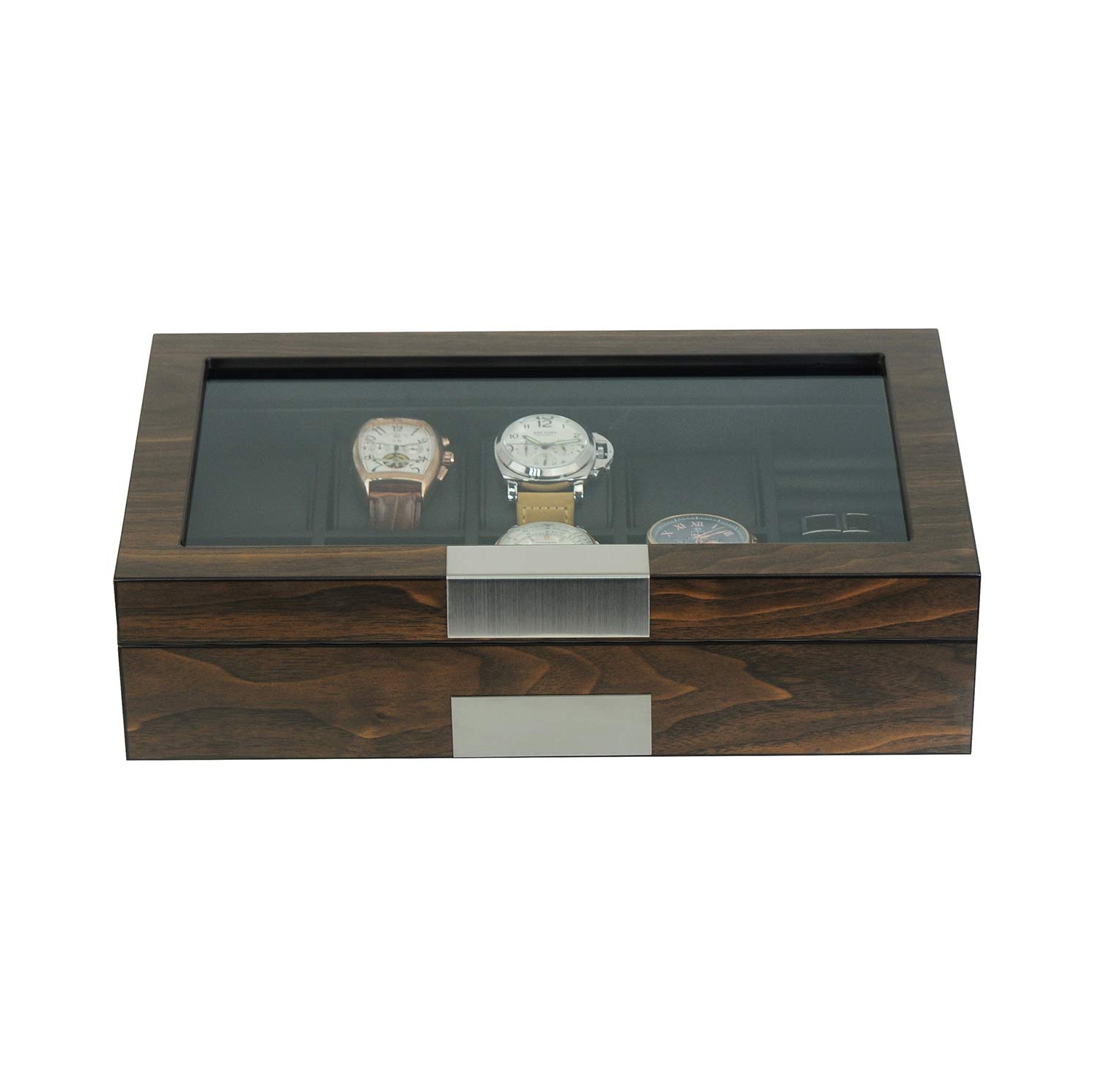 Grande boîte de rangement en bois avec 8 compartiments pour montres et boutons de manchette avec fenêtre en verre