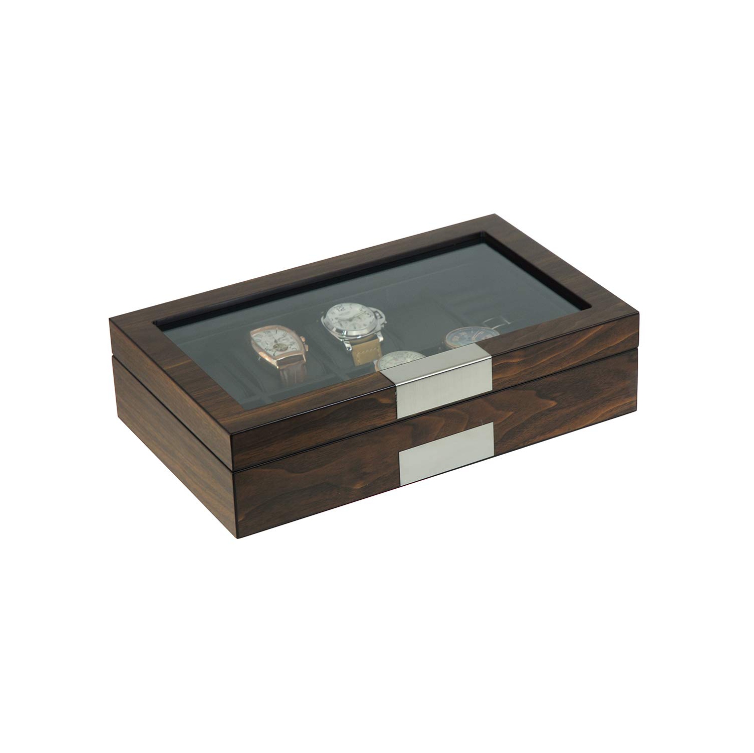 Grande boîte de rangement en bois avec 8 compartiments pour montres et boutons de manchette avec fenêtre en verre