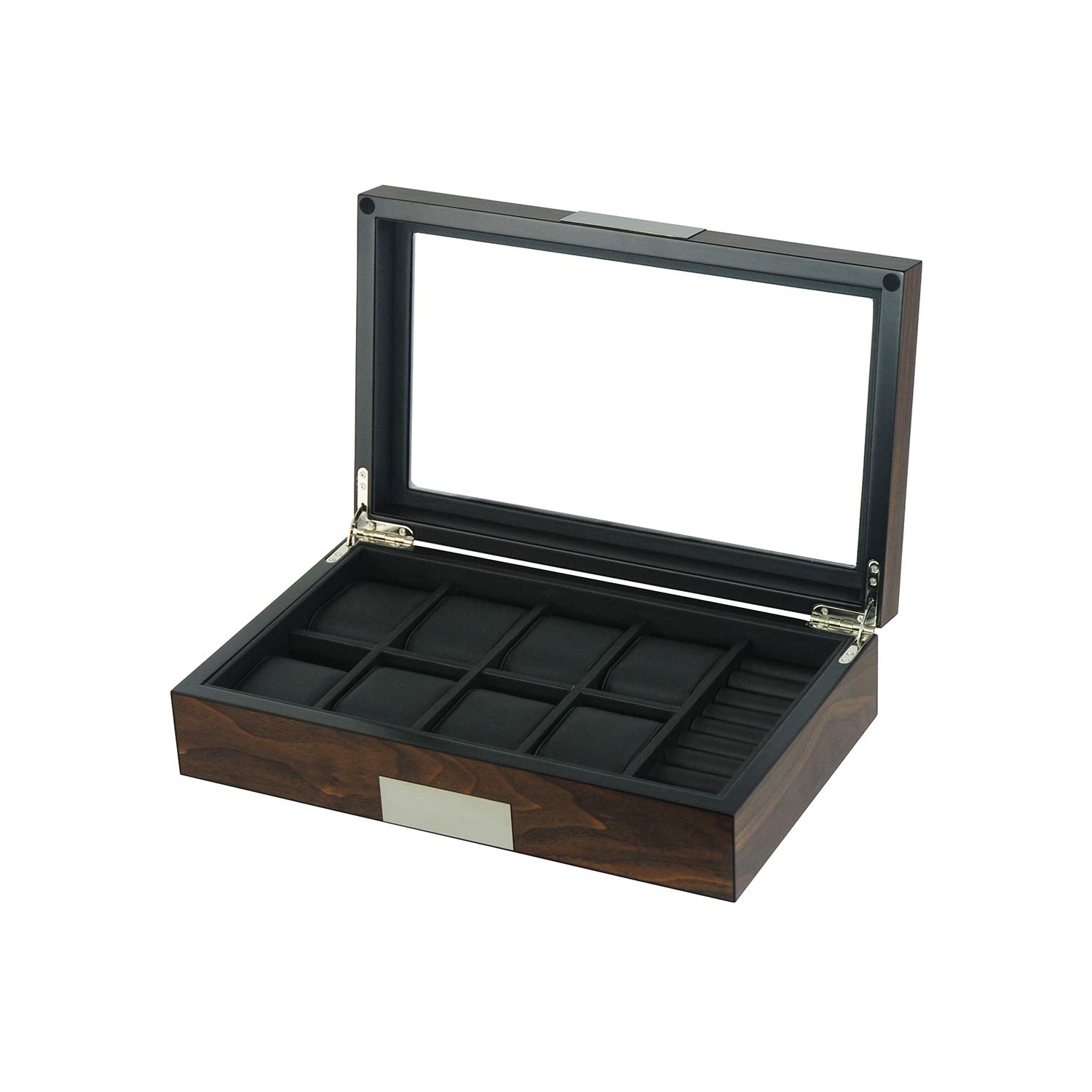 Grande boîte de rangement en bois avec 8 compartiments pour montres et boutons de manchette avec fenêtre en verre