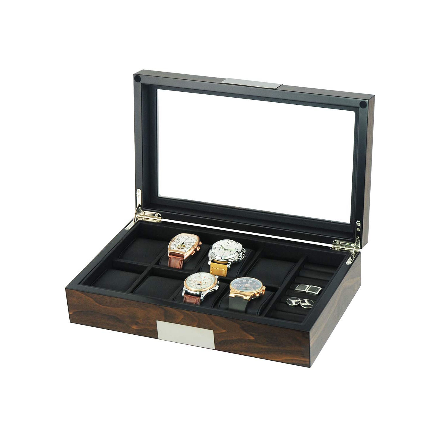 Grande boîte de rangement en bois avec 8 compartiments pour montres et boutons de manchette avec fenêtre en verre