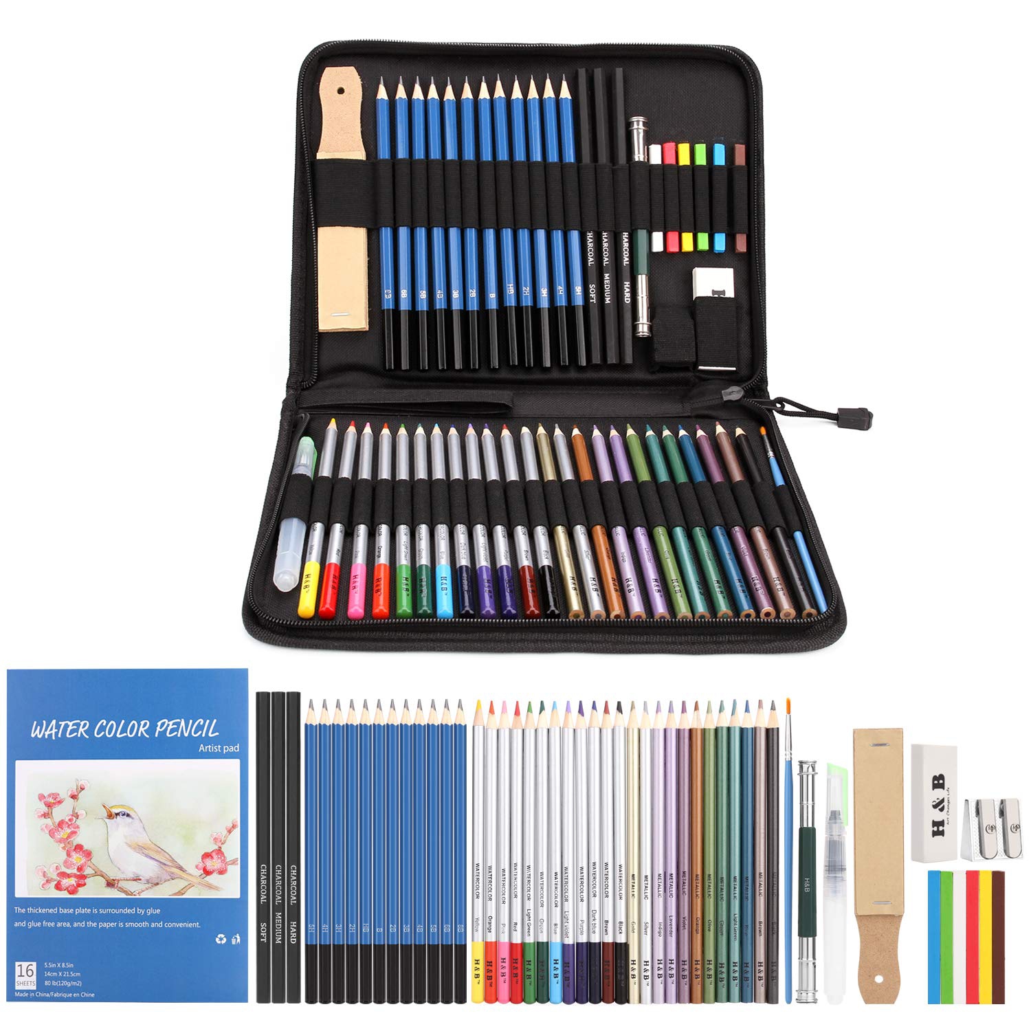 53pcs Drawing and Sketching Pencil Set, with Pencil, Watercolor Pencil, Sketching Pencil Set & Canvas Zipper Case