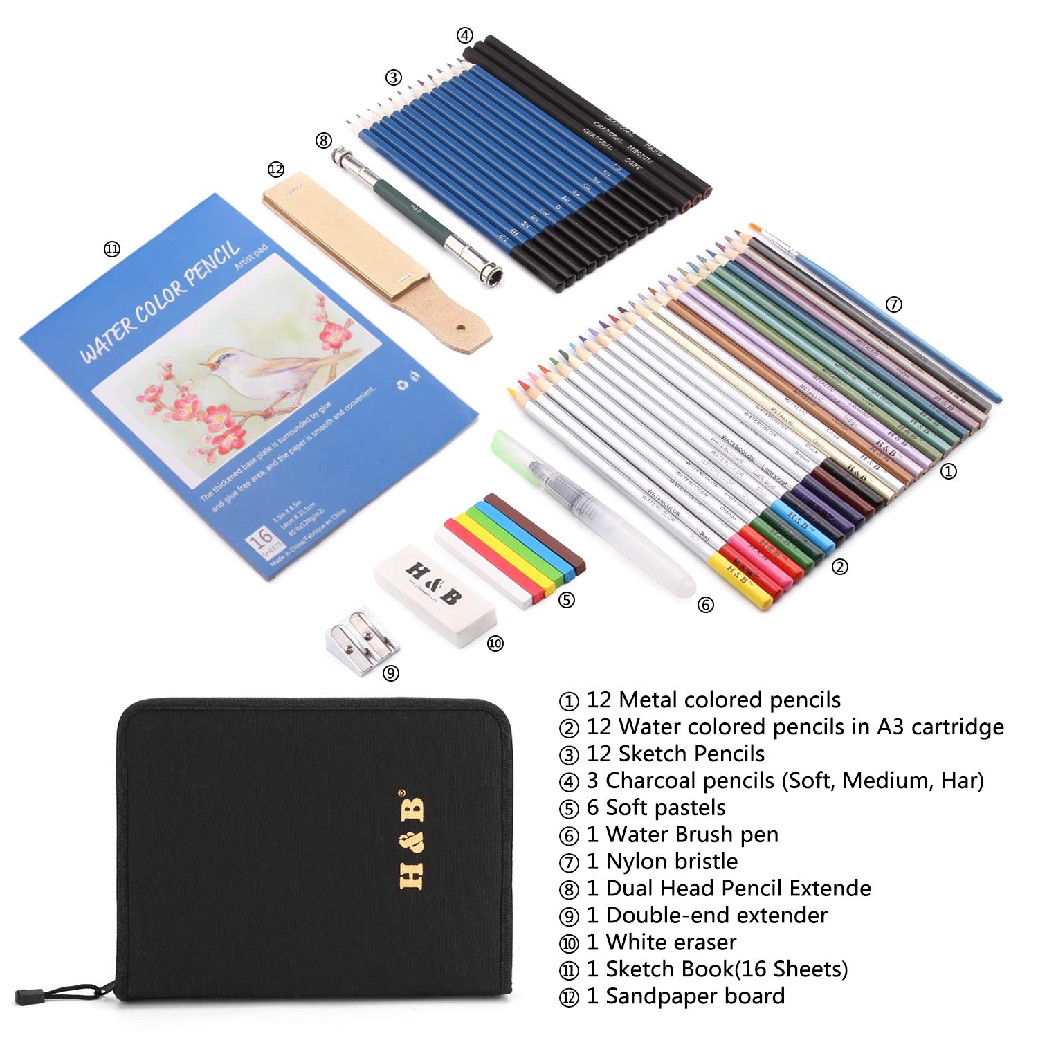 53pcs Drawing and Sketching Pencil Set, with Pencil, Watercolor Pencil, Sketching Pencil Set & Canvas Zipper Case