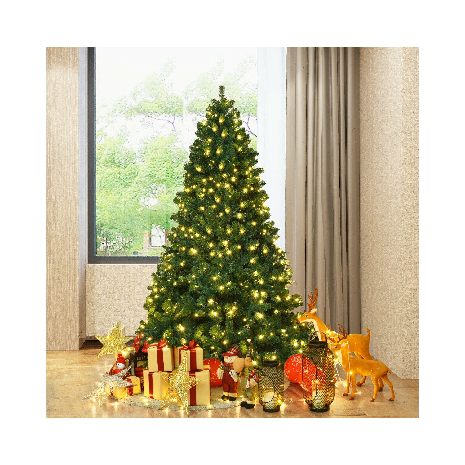 Gymax Pre-Lit PVC 7' Artificial Christmas Tree Hinged LED Lights Metal Stand