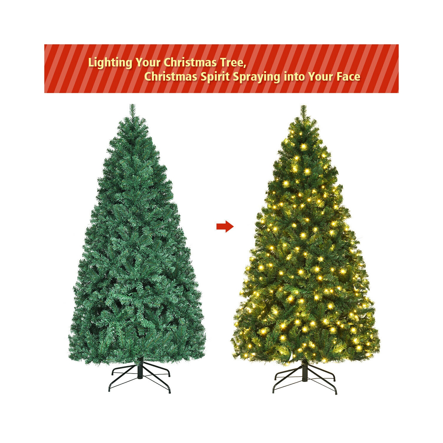 Gymax Pre-Lit PVC 7' Artificial Christmas Tree Hinged LED Lights Metal Stand