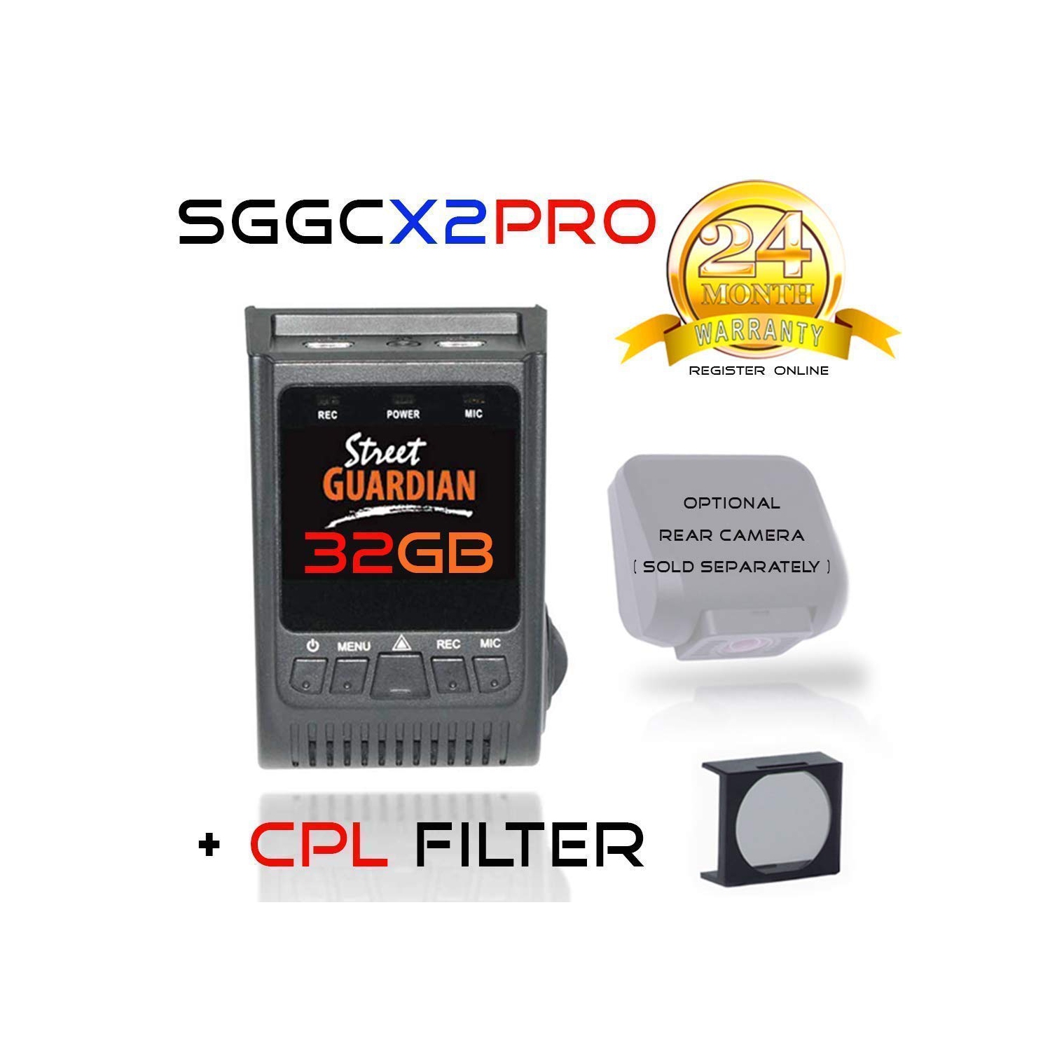 Street Guardian HD 1080p Dual Channel Dash Cam SGGCX2PRO with 64GB micro SD Card