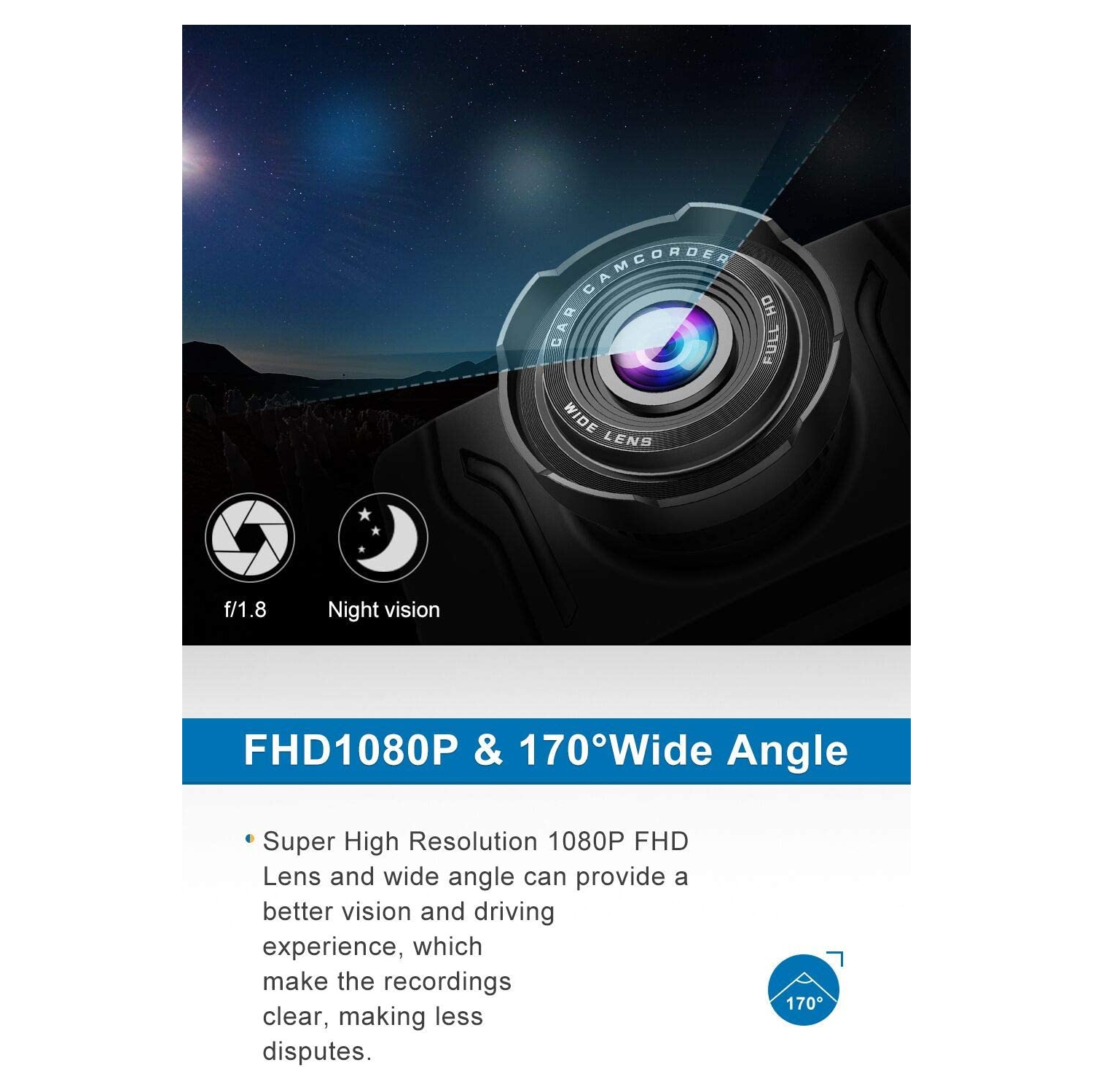 Dash Cam for Cars 1080P FHD Car Dash Camera 2023 New Version Car Camera Recorder Dashboard with 170°Wide Angle, Super Night Version, WDR, Loop