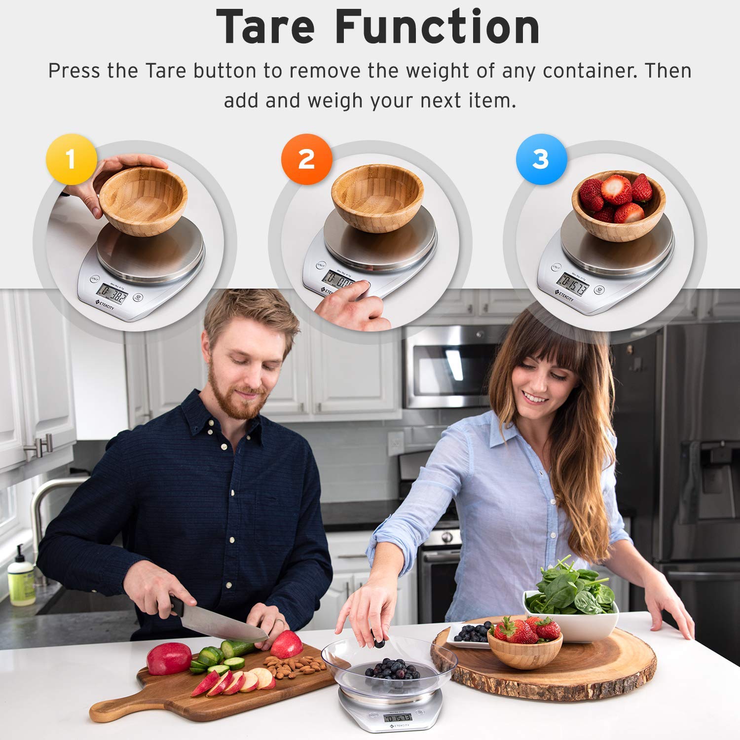 Balance de cuisine numérique, Balance de cuisson à plateforme en acier inoxydable avec bol amovible, grand écran ACL et bouton « Tare »