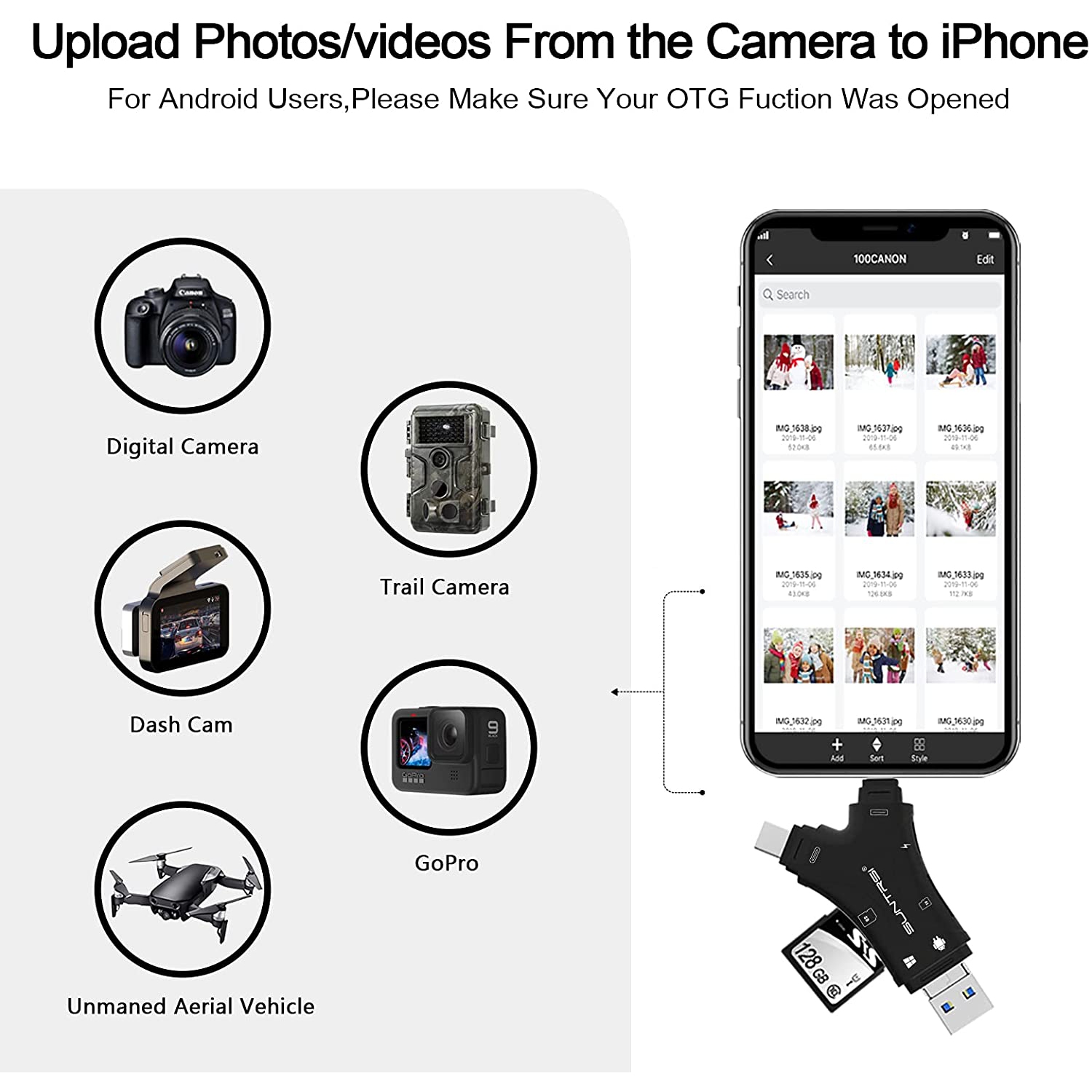 Lecteur de cartes SD pour iPhone/Android/Mac/ordinateur/appareil photo, lecteur de cartes microSD 4-en-1, lecteur de cartes mémoire portatif;