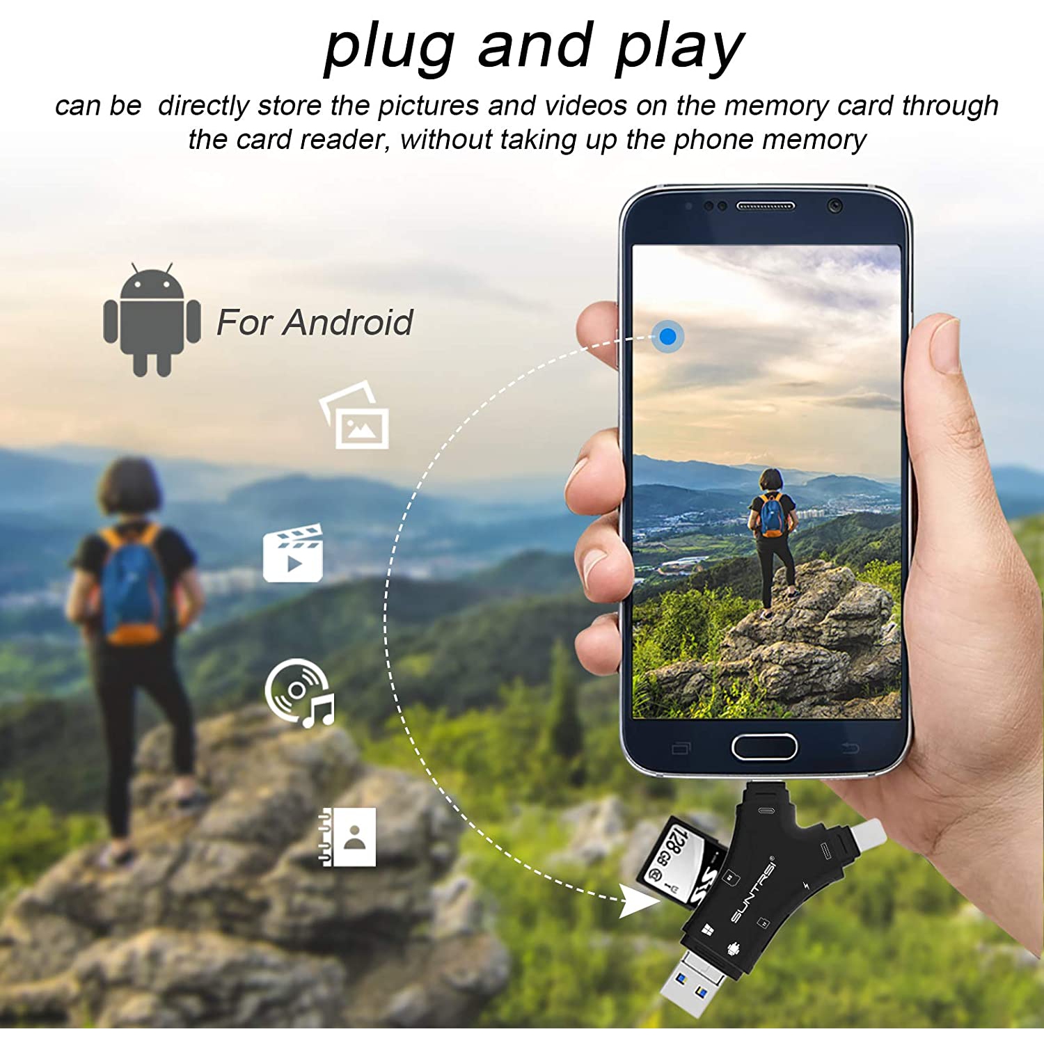 Lecteur de cartes SD pour iPhone/Android/Mac/ordinateur/appareil photo, lecteur de cartes microSD 4-en-1, lecteur de cartes mémoire portatif;