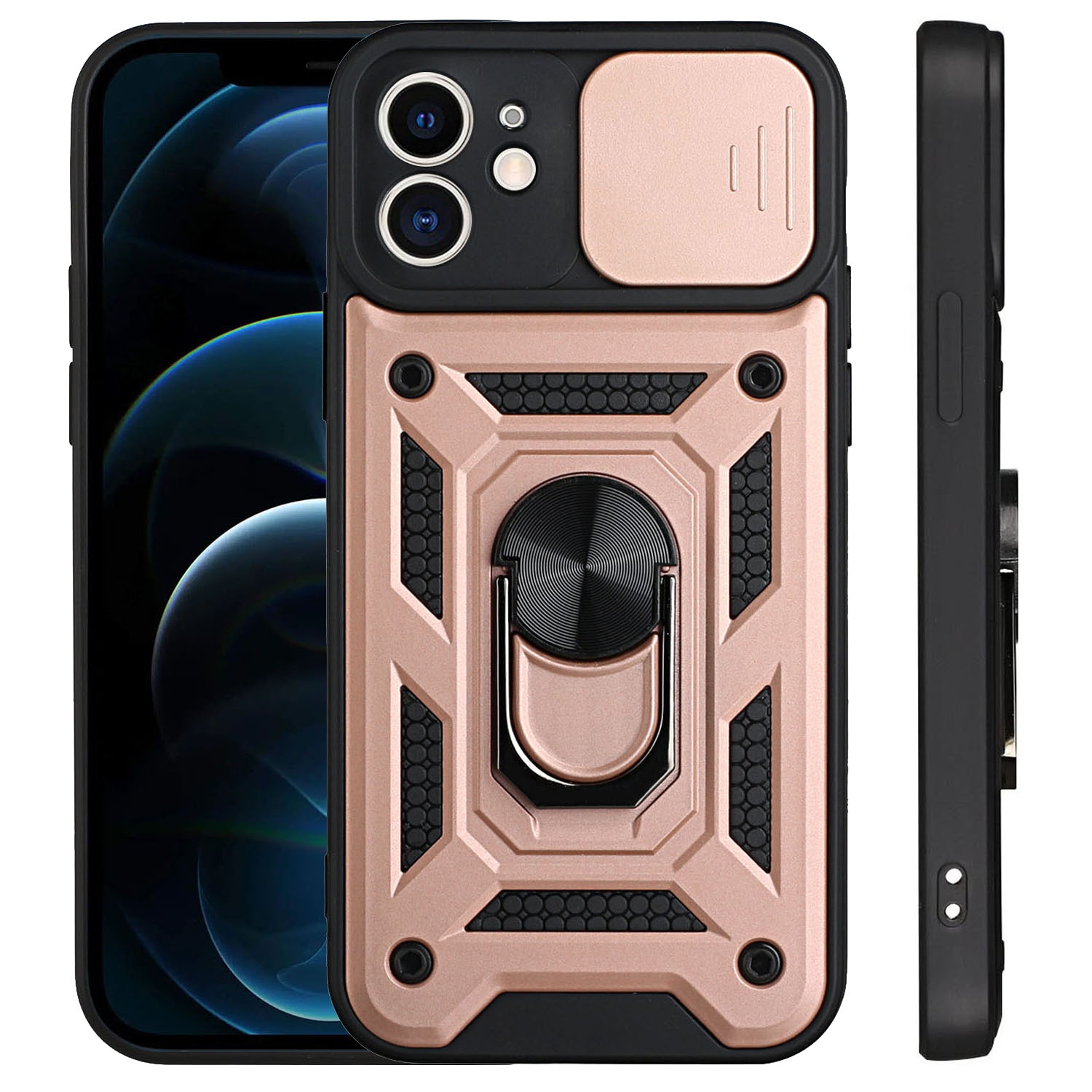 TopSave Camera Cover and Kickstand Shockproof Heavy Duty Protective with Magnetic Car Mount Holder Case For iPhone XR 6.1", Rose Gold