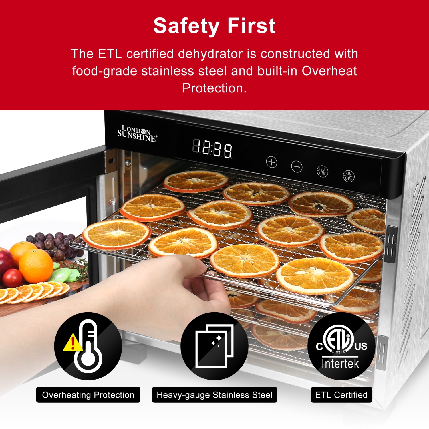 London Sunshine® Premium Stainless Steel Food Dehydrator - Double Wall SS Structured with Glass Window - 6 Trays