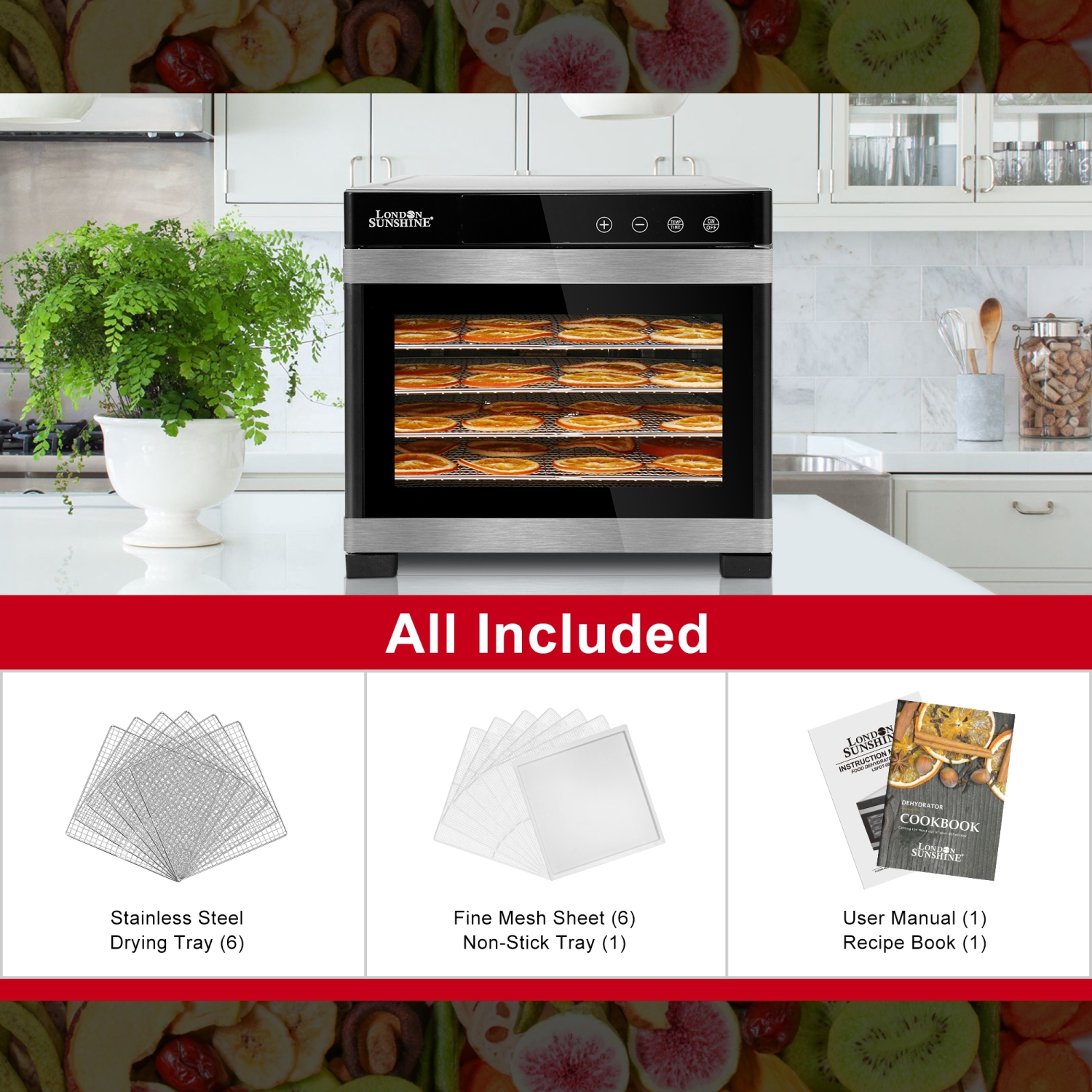 London Sunshine® Premium Stainless Steel Food Dehydrator - Double Wall SS Structured with Glass Window - 6 Trays