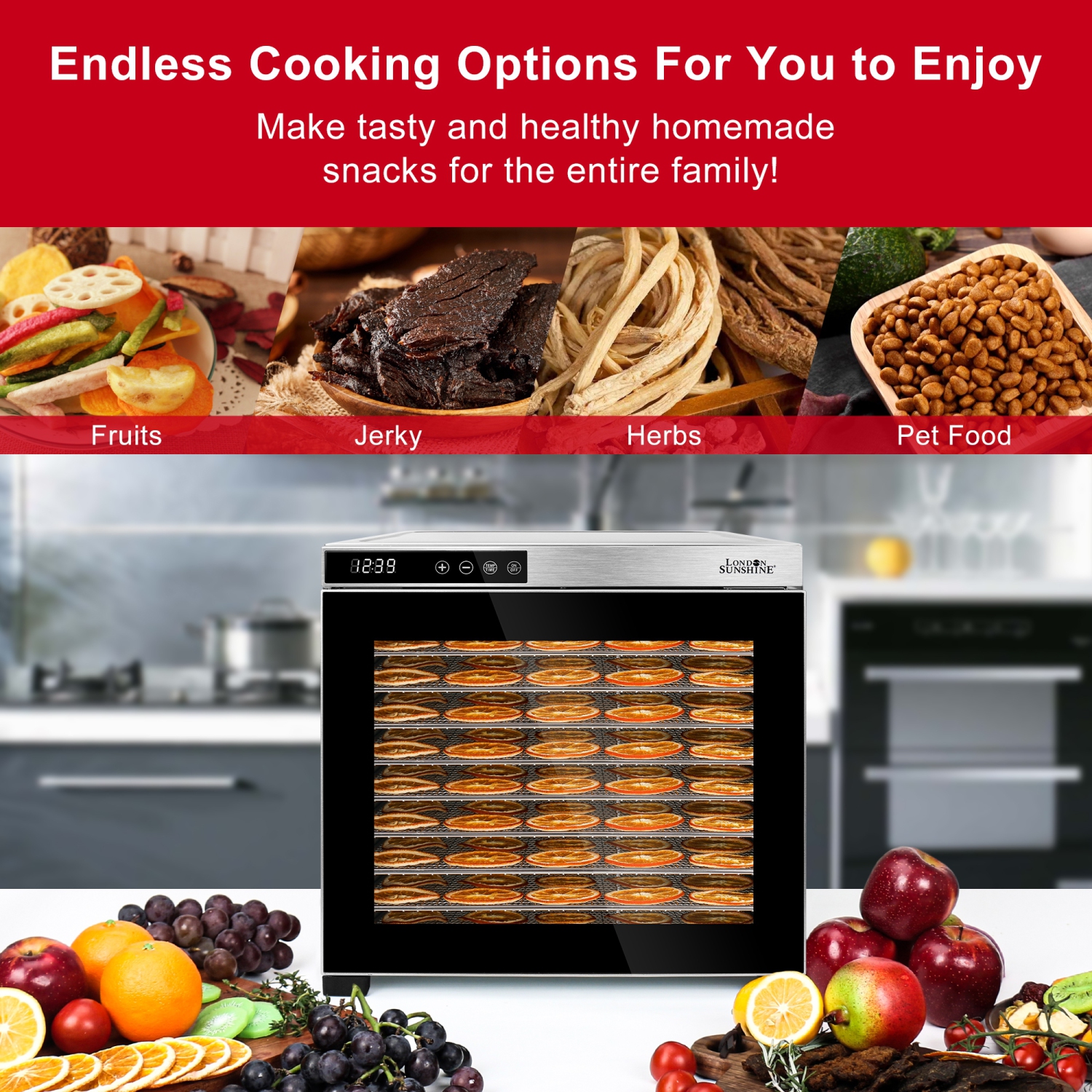 London Sunshine® Premium Food Dehydrator - 1000W - Double Wall Stainless Steel with Temp Glass Window