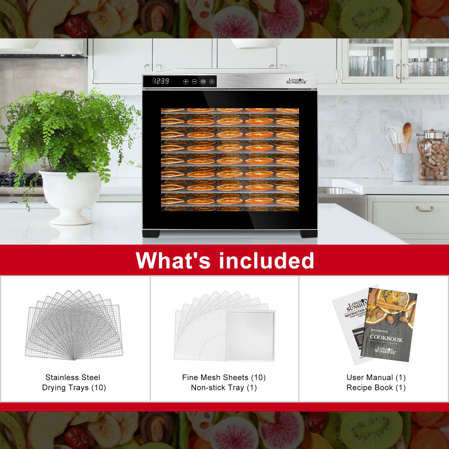 London Sunshine® Premium Food Dehydrator - 1000W - Double Wall Stainless Steel with Temp Glass Window