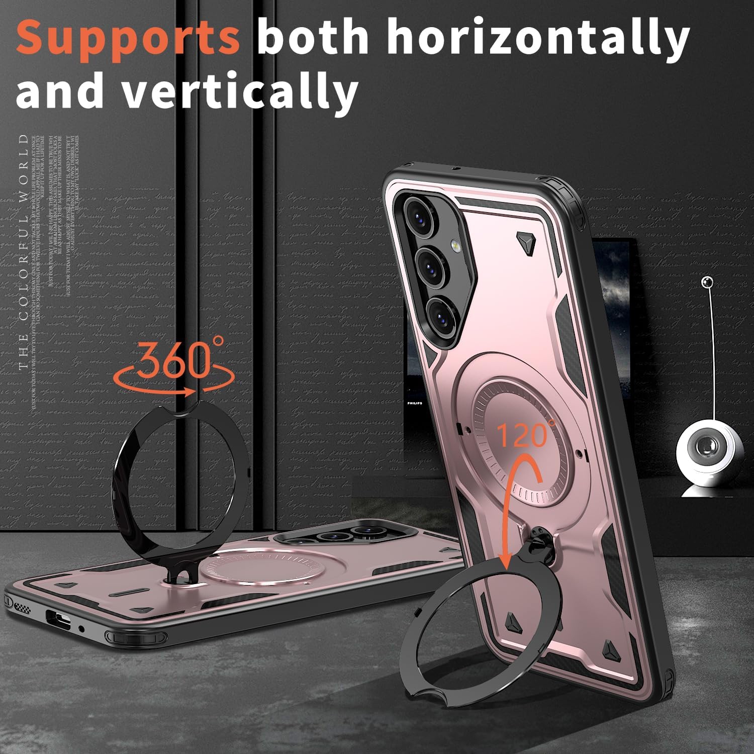 TopSave Invisible Rotating Magnetic Ring Holder, Shockproof Kickstand Protective For Samsung Galaxy A36/A56 5G-6.7 Inch, Rose Gold
