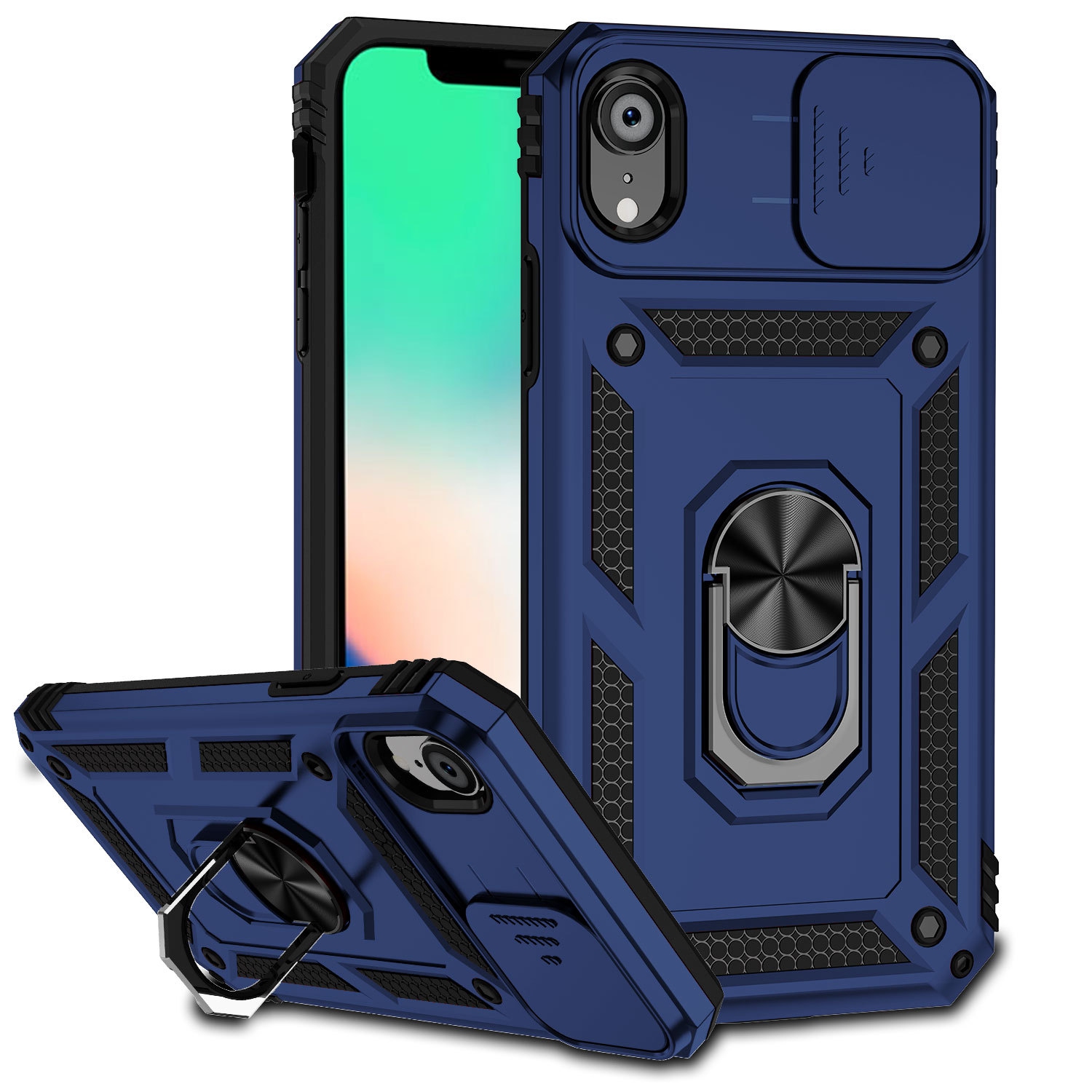 TopSave Camera Cover and Kickstand Shockproof Heavy Duty Protective with Magnetic Car Mount Holder Case For iPhone XR 6.1", Navy Blue