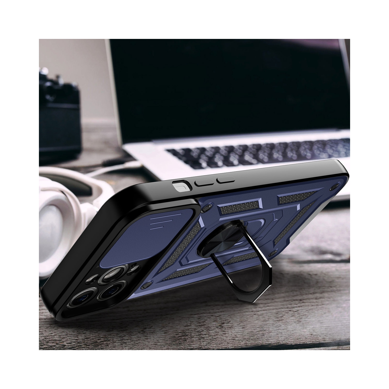 TopSave Camera Cover and Kickstand Shockproof Heavy Duty Protective with Magnetic Car Mount Holder Case For iPhone XR 6.1", Navy Blue