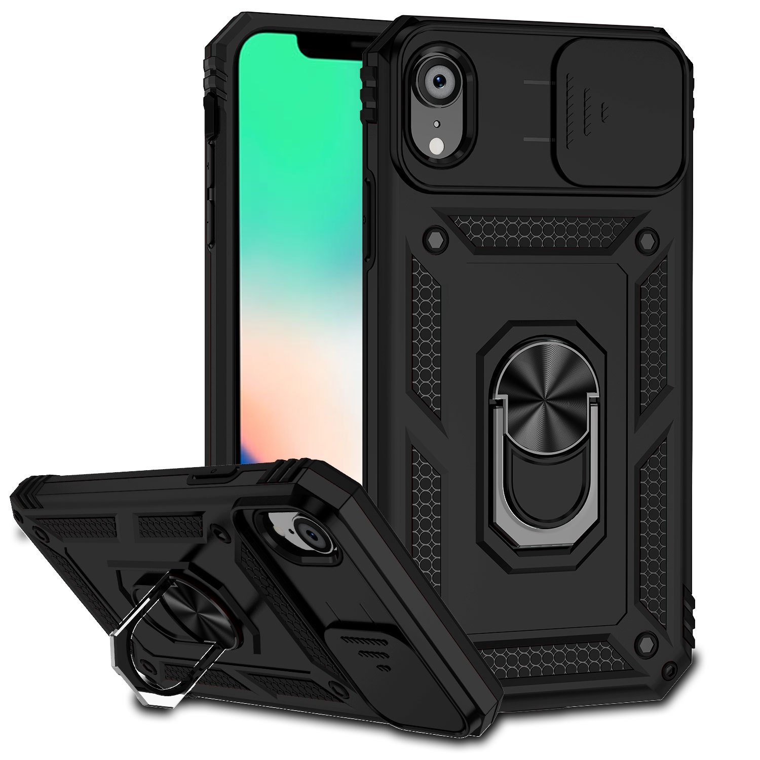 TopSave Camera Cover and Kickstand Shockproof Heavy Duty Protective with Magnetic Car Mount Holder Case For iPhone XR 6.1", Black
