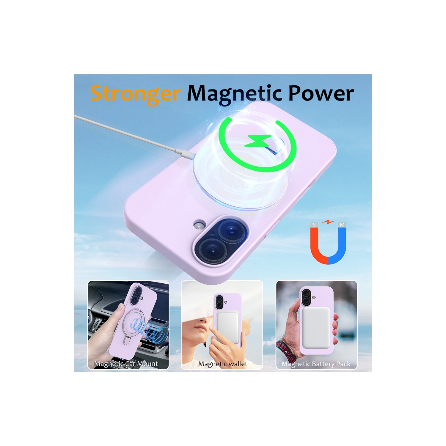 TopSave Magnetic Ring Stand Liquid Silicone Slim Thin Shockproof Protective Cover for iPhone 16 Plus 6.7", Light Purple