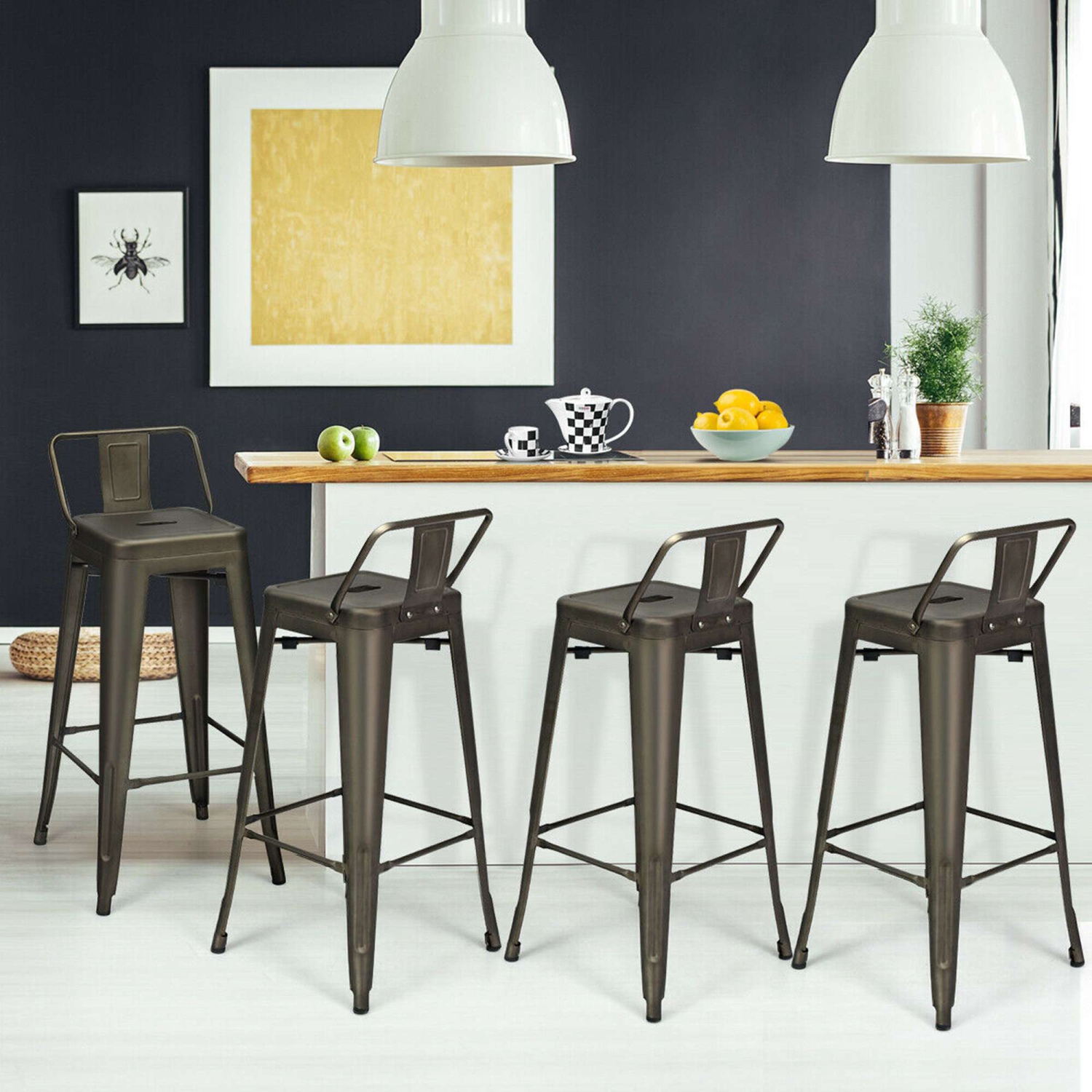 Costway Set of 4 Metal Bar Stools 30'' Bar Height Barstools Industrial w/ Low Back GunBlack