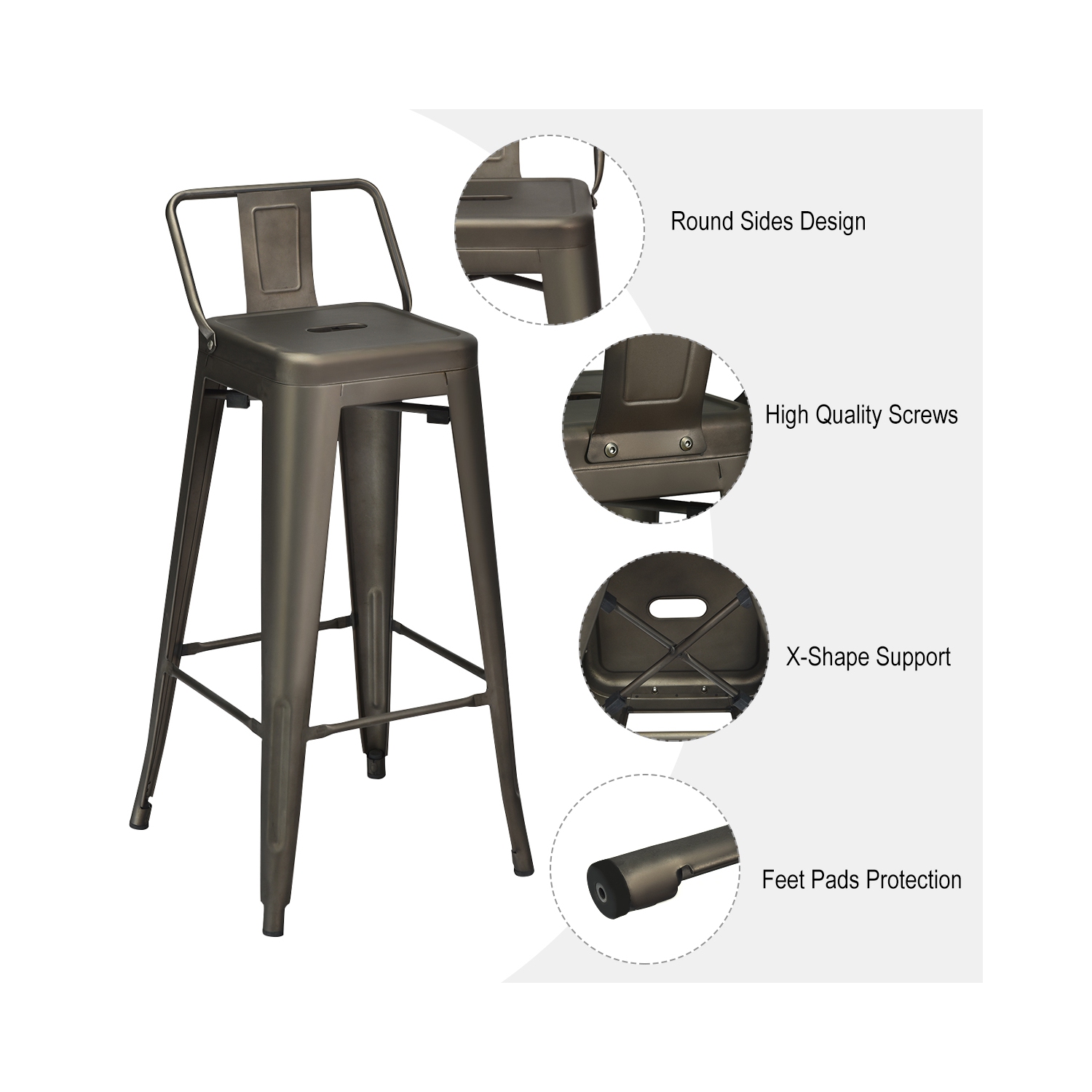 Costway Set of 4 Metal Bar Stools 30'' Bar Height Barstools Industrial w/ Low Back GunBlack