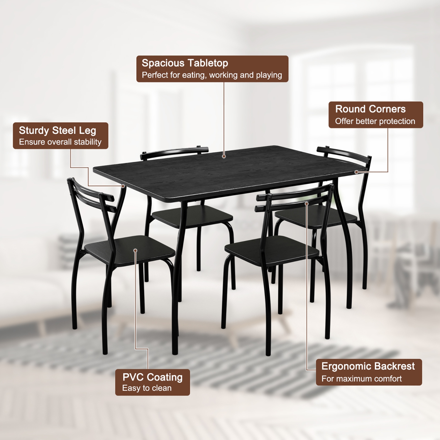 Costway 5 Pcs Dining Set Table And 4 Chairs Home Kitchen Room Breakfast Furniture Black